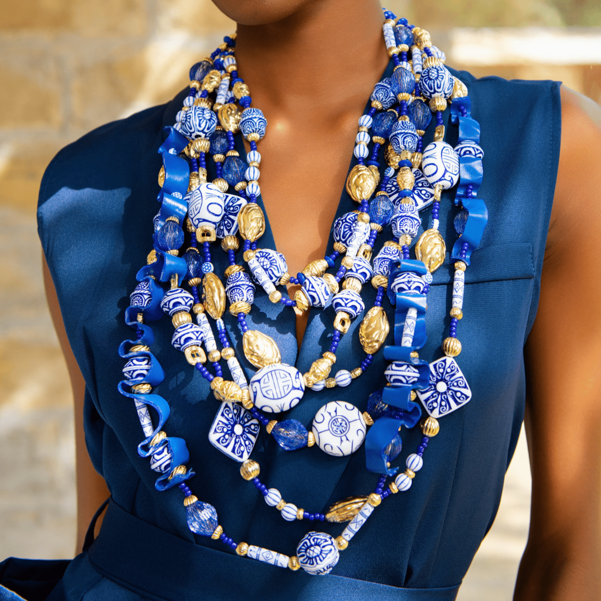 Caliope 2 - in - 1 Beaded Leather Necklace - Fine China Blue,Necklaces, Sassy Jones,