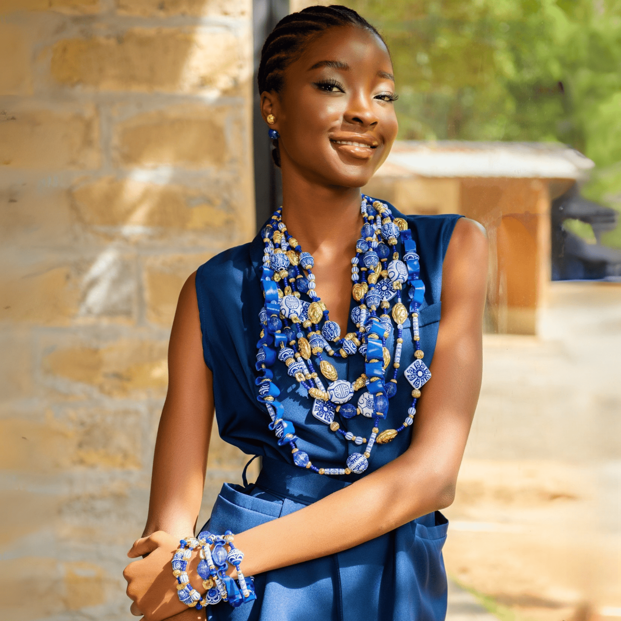 Caliope 2 - in - 1 Beaded Leather Necklace - Fine China Blue,Necklaces, Sassy Jones,