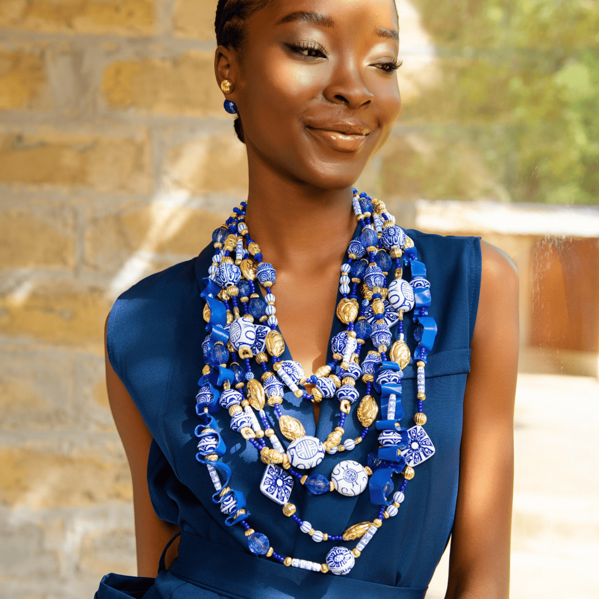 Caliope 2 - in - 1 Beaded Leather Necklace - Fine China Blue,Necklaces, Sassy Jones,