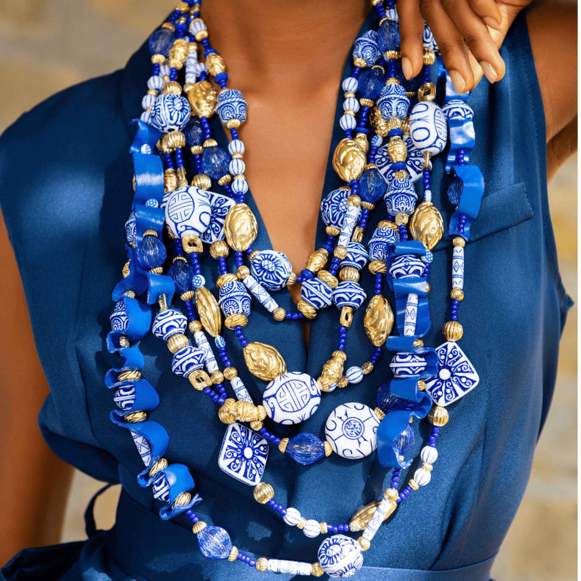 Caliope 2 - in - 1 Beaded Leather Necklace - Fine China Blue,Necklaces, Sassy Jones,