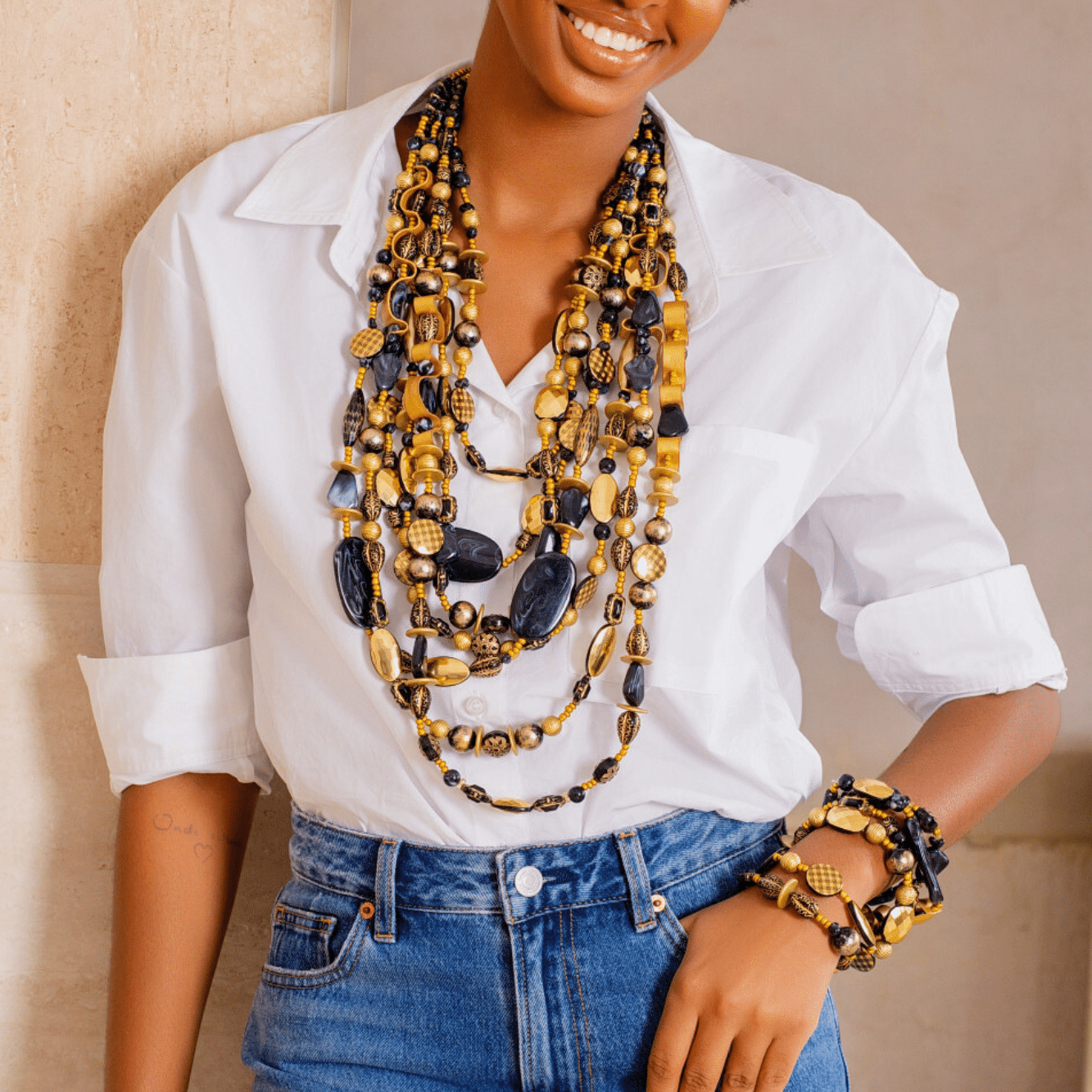 Caliope 2 - in - 1 Beaded Leather Necklace - Golden Onyx,Necklaces, Sassy Jones,