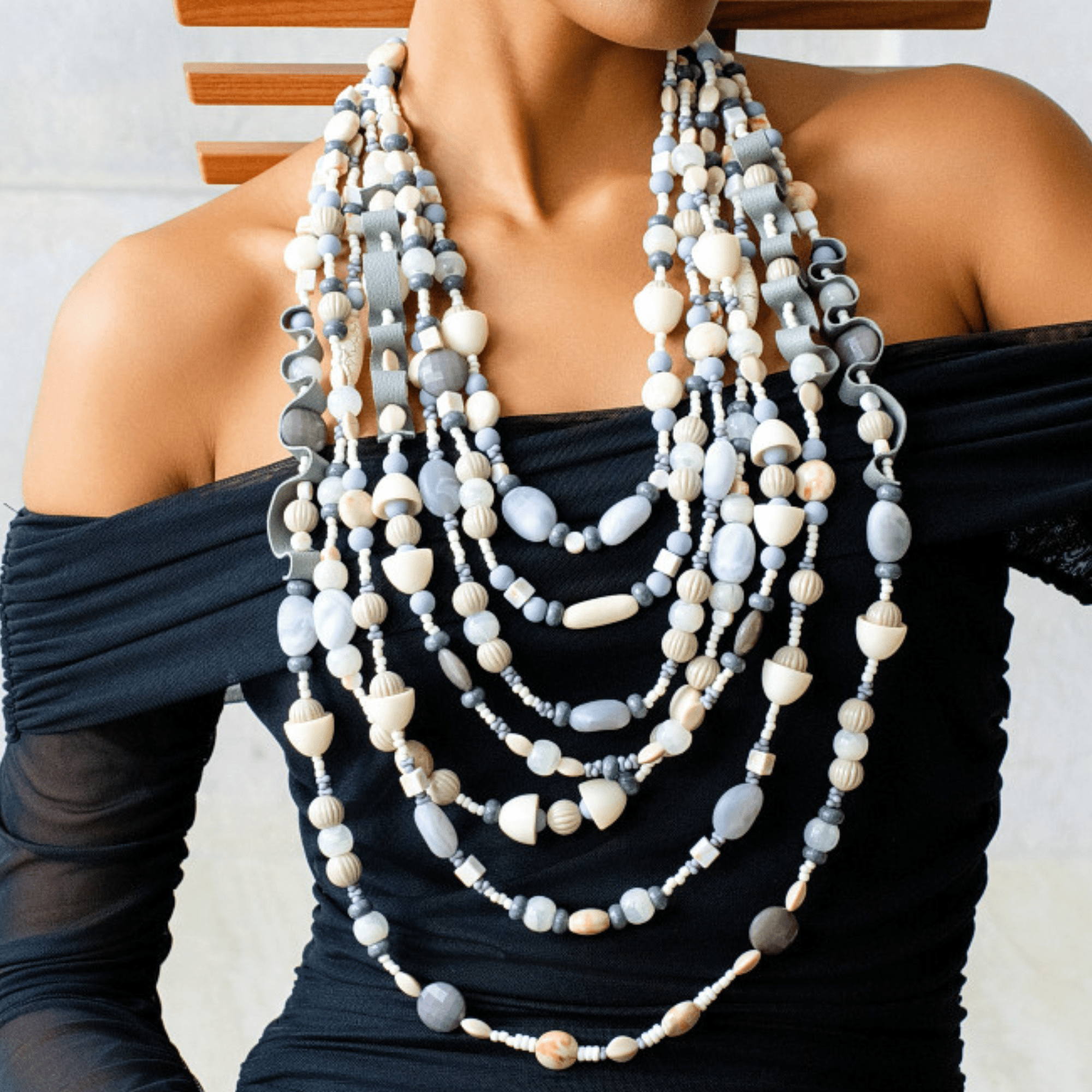 Caliope 2 - in - 1 Beaded Leather Necklace - Modern Greige,Necklaces, Sassy Jones,