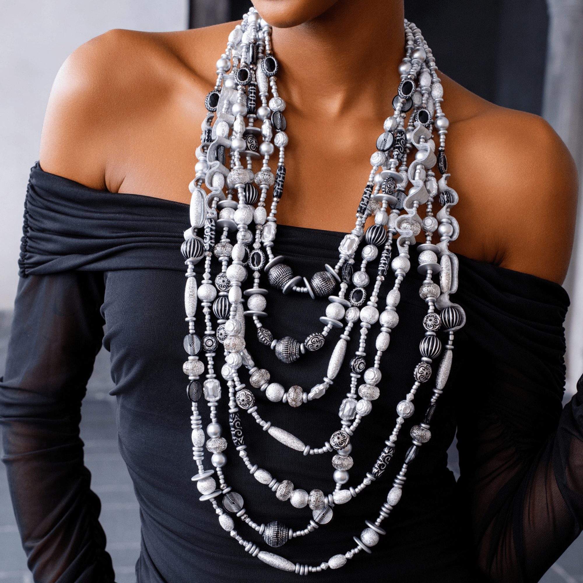 Caliope 2 - in - 1 Beaded Leather Necklace - Silver Fox,Necklaces, Sassy Jones,