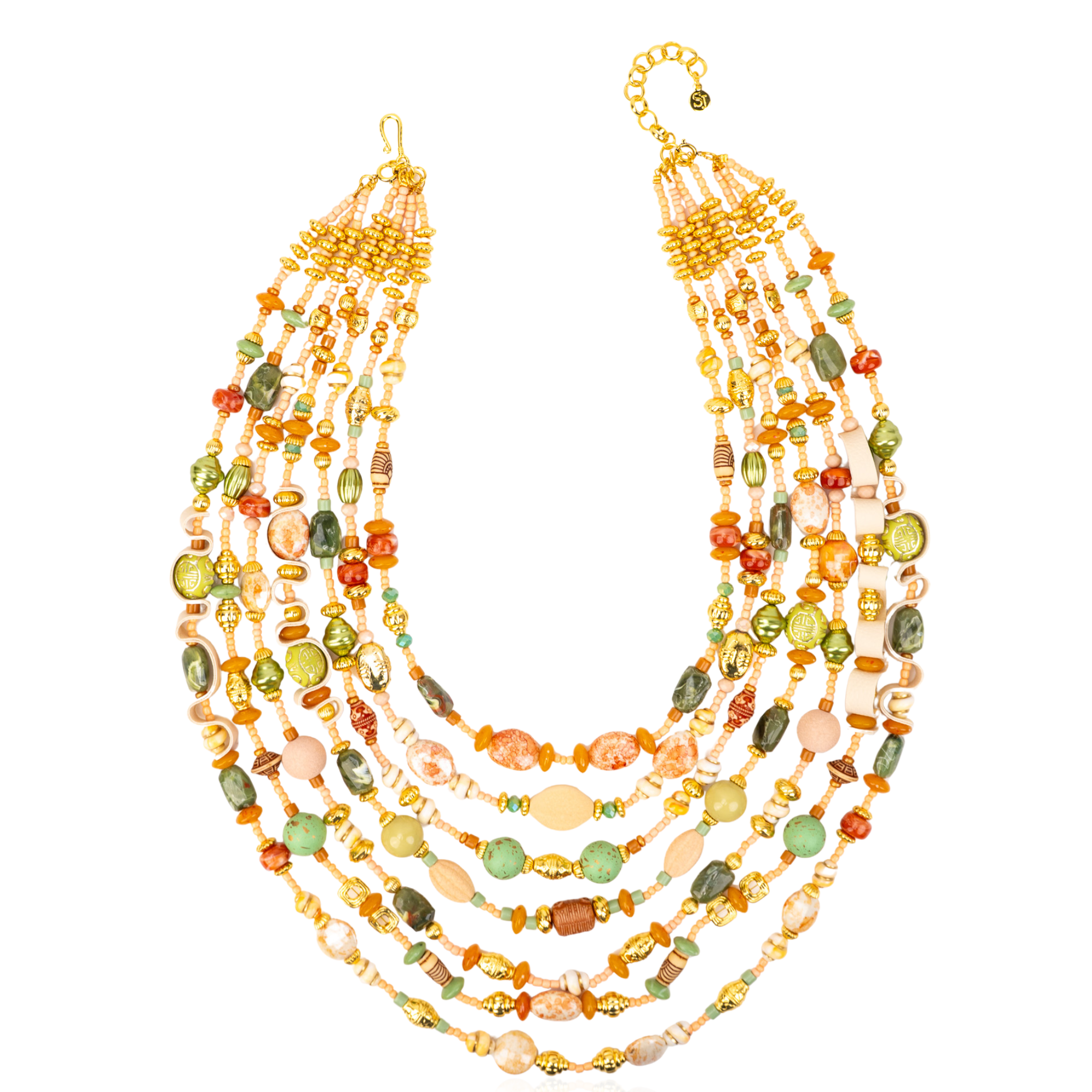 Caliope 2 - in - 1 Beaded Leather Statement Necklace - Sienna Sage,Necklaces, Sassy Jones,