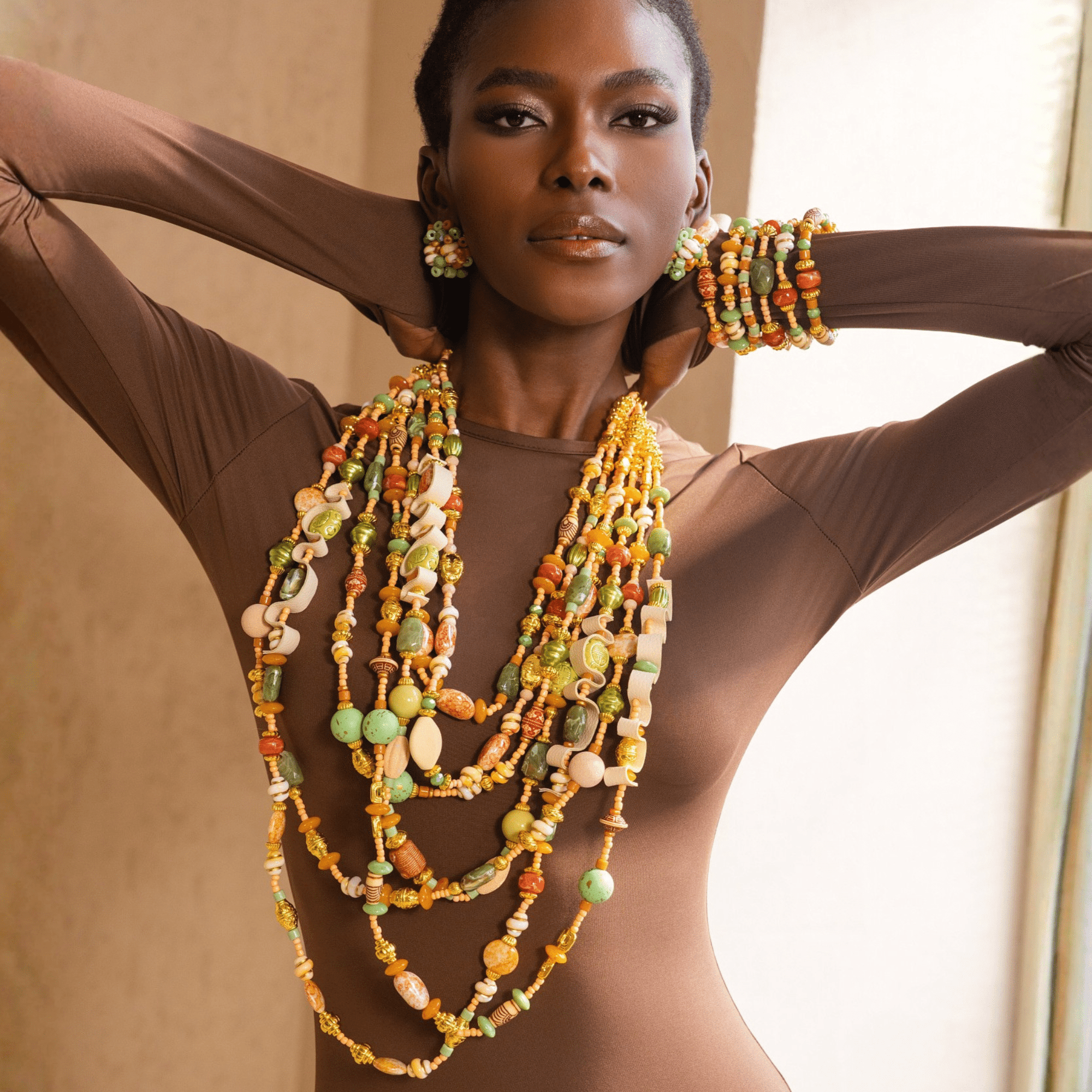 Caliope 2 - in - 1 Beaded Leather Statement Necklace - Sienna Sage,Necklaces, Sassy Jones,