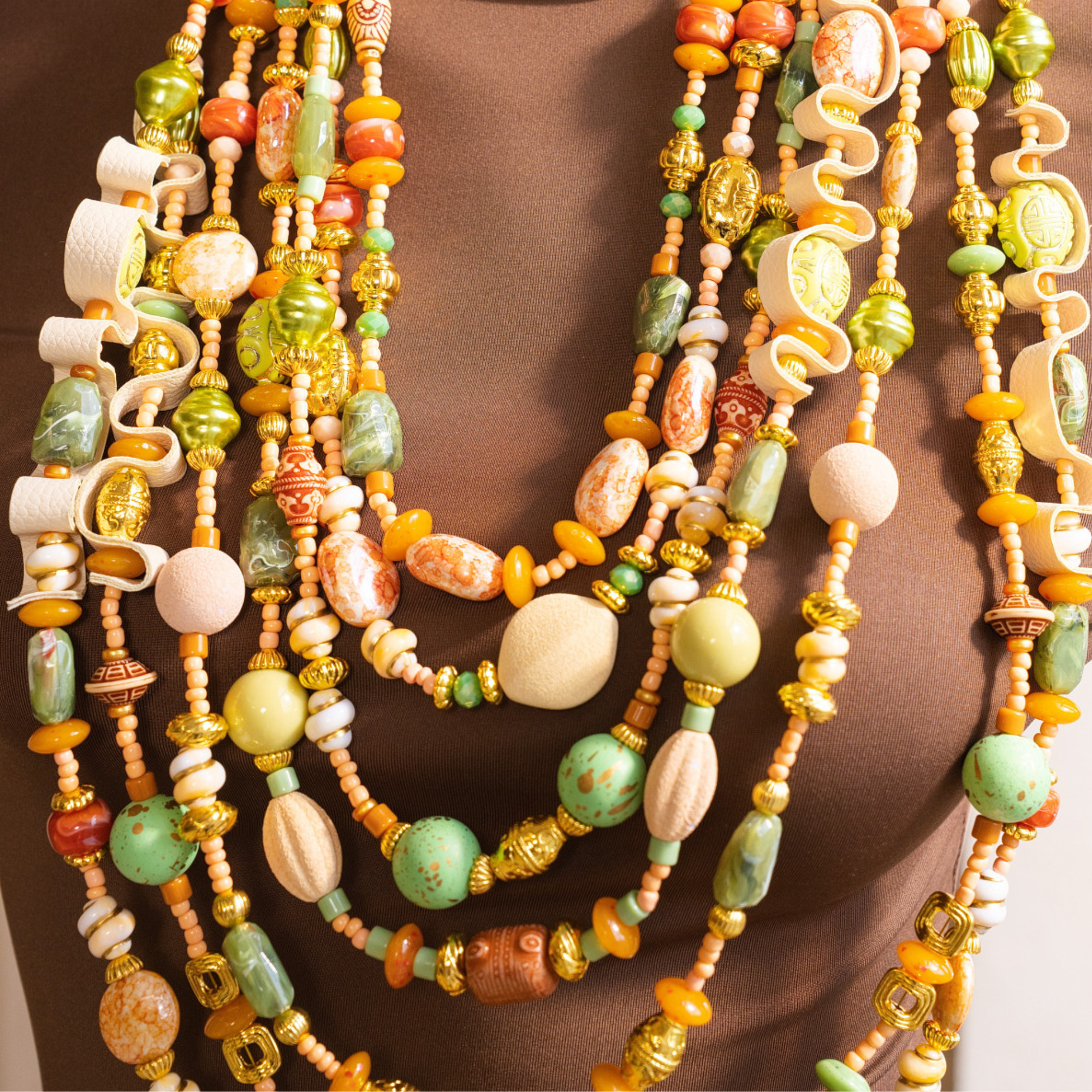 Caliope 2 - in - 1 Beaded Leather Statement Necklace - Sienna Sage,Necklaces, Sassy Jones,