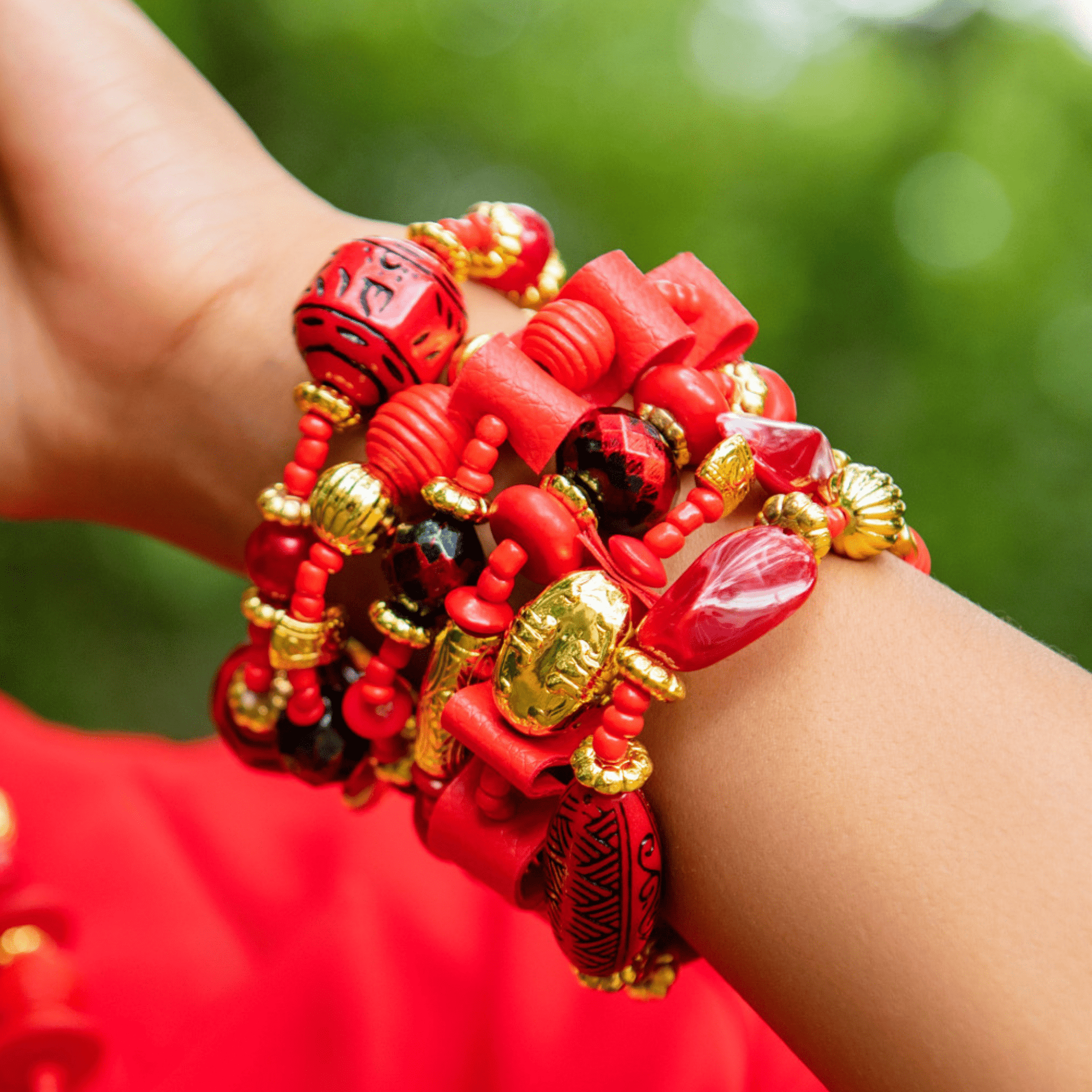 Caliope 6pc Leather Stretch Bracelet Stack - Crimson,Bracelets, Sassy Jones,
