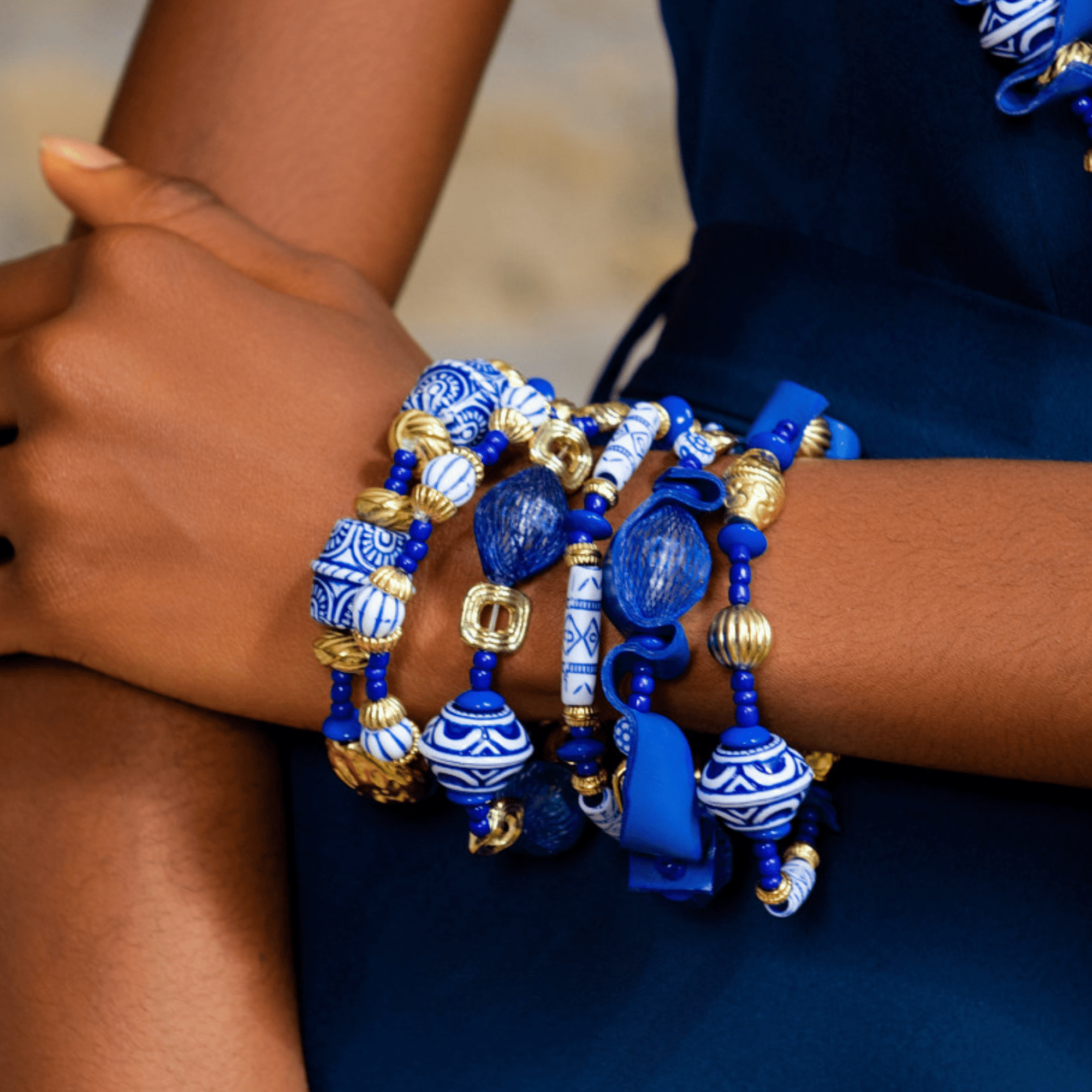 Caliope 6pc Leather Stretch Bracelet Stack - Fine China Blue,Bracelets, Sassy Jones,