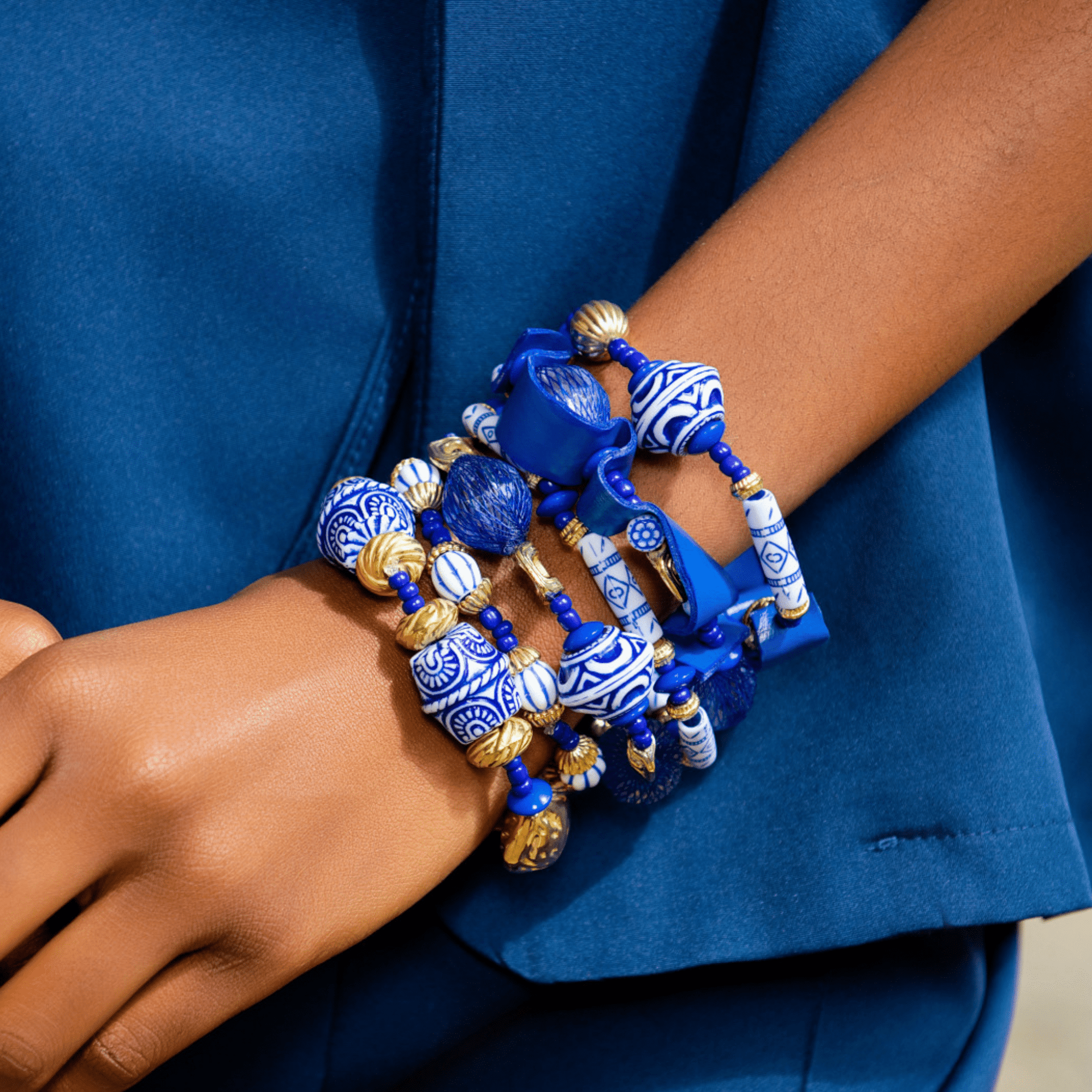 Caliope 6pc Leather Stretch Bracelet Stack - Fine China Blue,Bracelets, Sassy Jones,