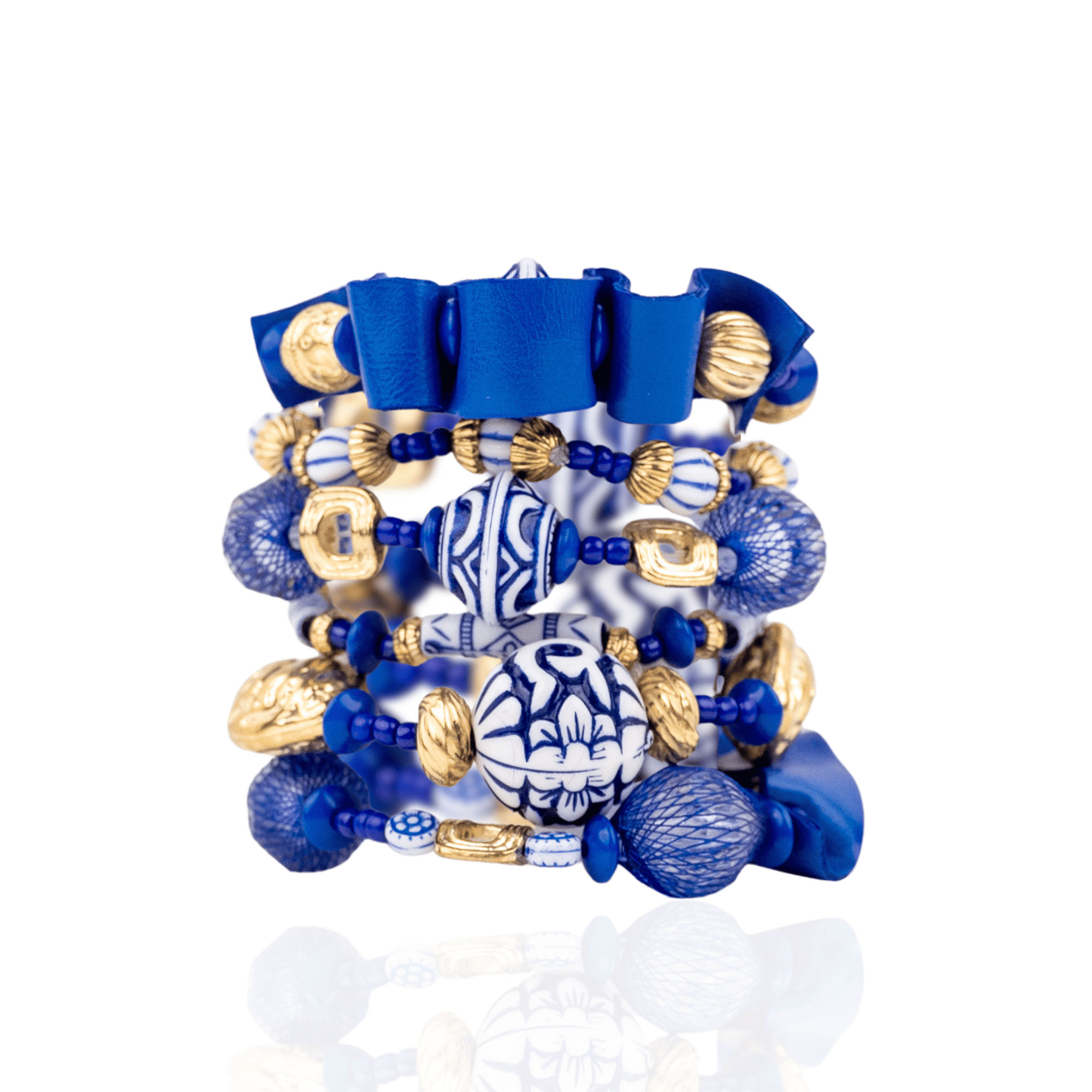 Caliope 6pc Leather Stretch Bracelet Stack - Fine China Blue,Bracelets, Sassy Jones,