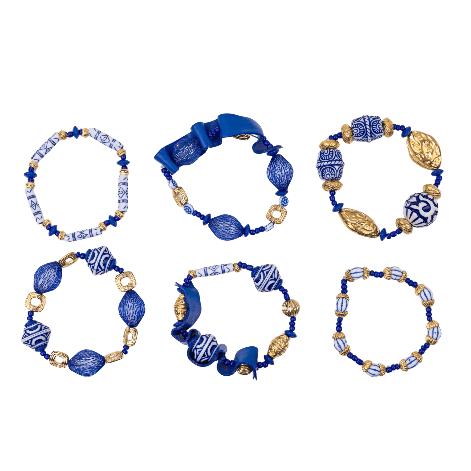 Caliope 6pc Leather Stretch Bracelet Stack - Fine China Blue,Bracelets, Sassy Jones,