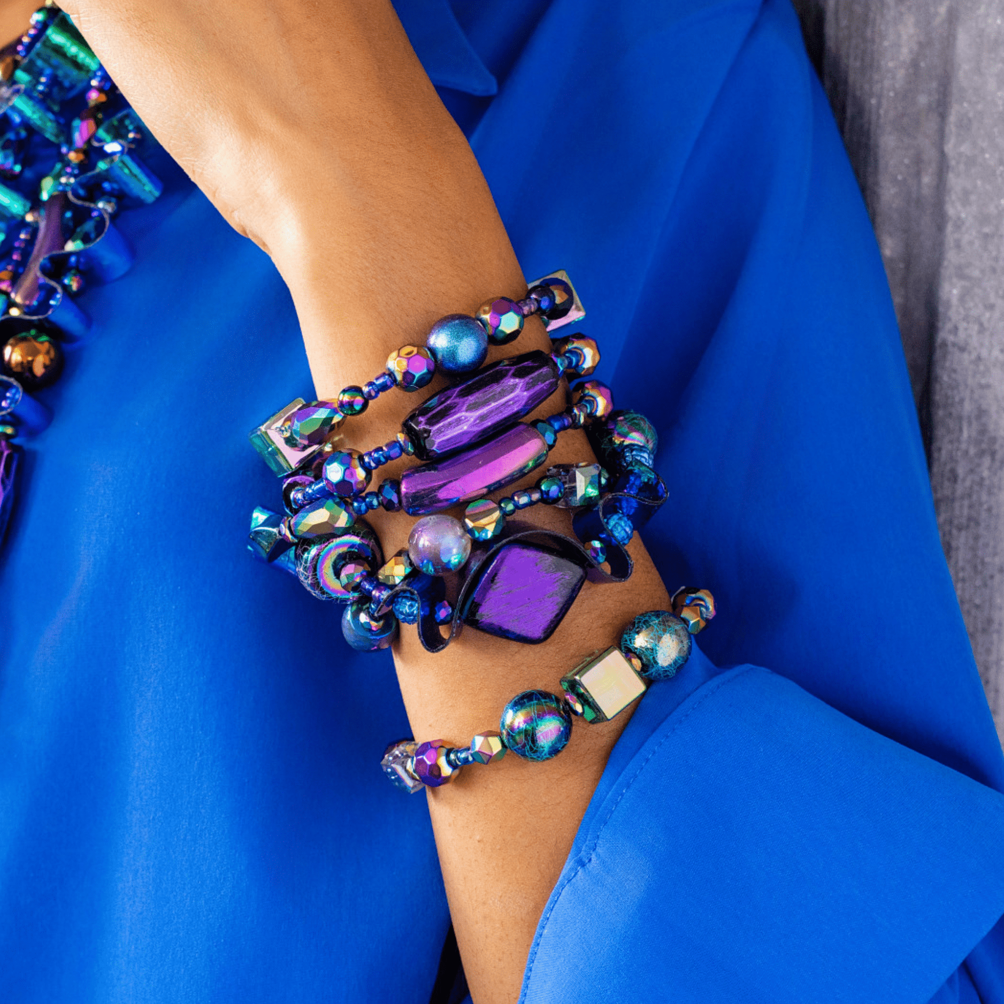 Caliope 6pc Leather Stretch Bracelet Stack - Rainbow Iridescent,Bracelets, Sassy Jones,