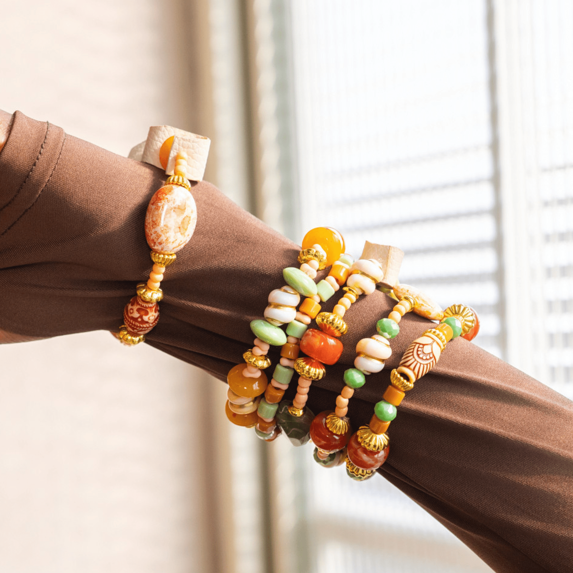 Caliope 6pc Leather Stretch Bracelet Stack - Sienna Sage,Bracelets, Sassy Jones,