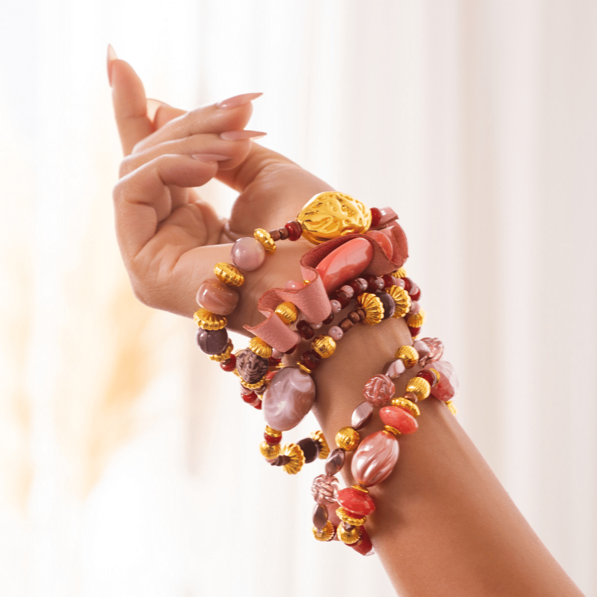 Caliope 6pc Leather Stretch Bracelet Stack - Strawberry Truffle,Bracelets, Sassy Jones,