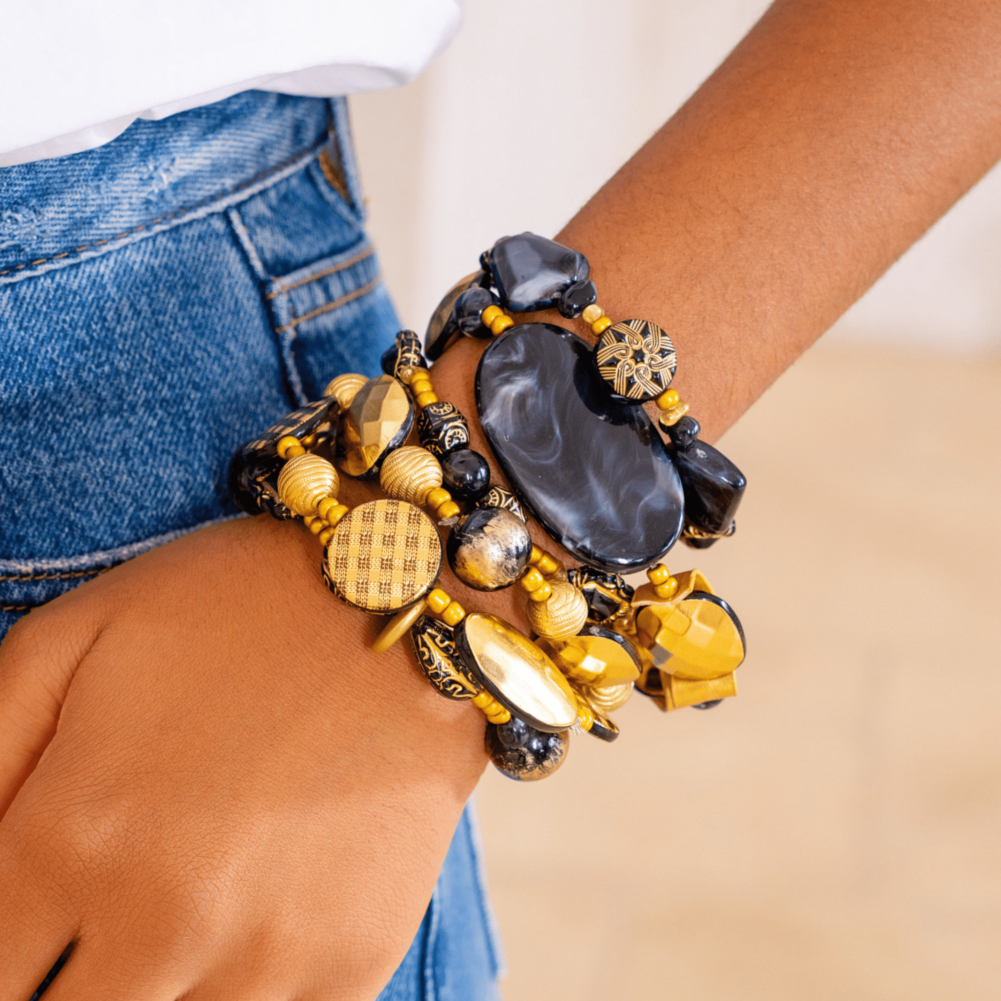 Caliope Beaded 6pc Leather Stretch Bracelet Stack - Golden Onyx,Bracelets, Sassy Jones,
