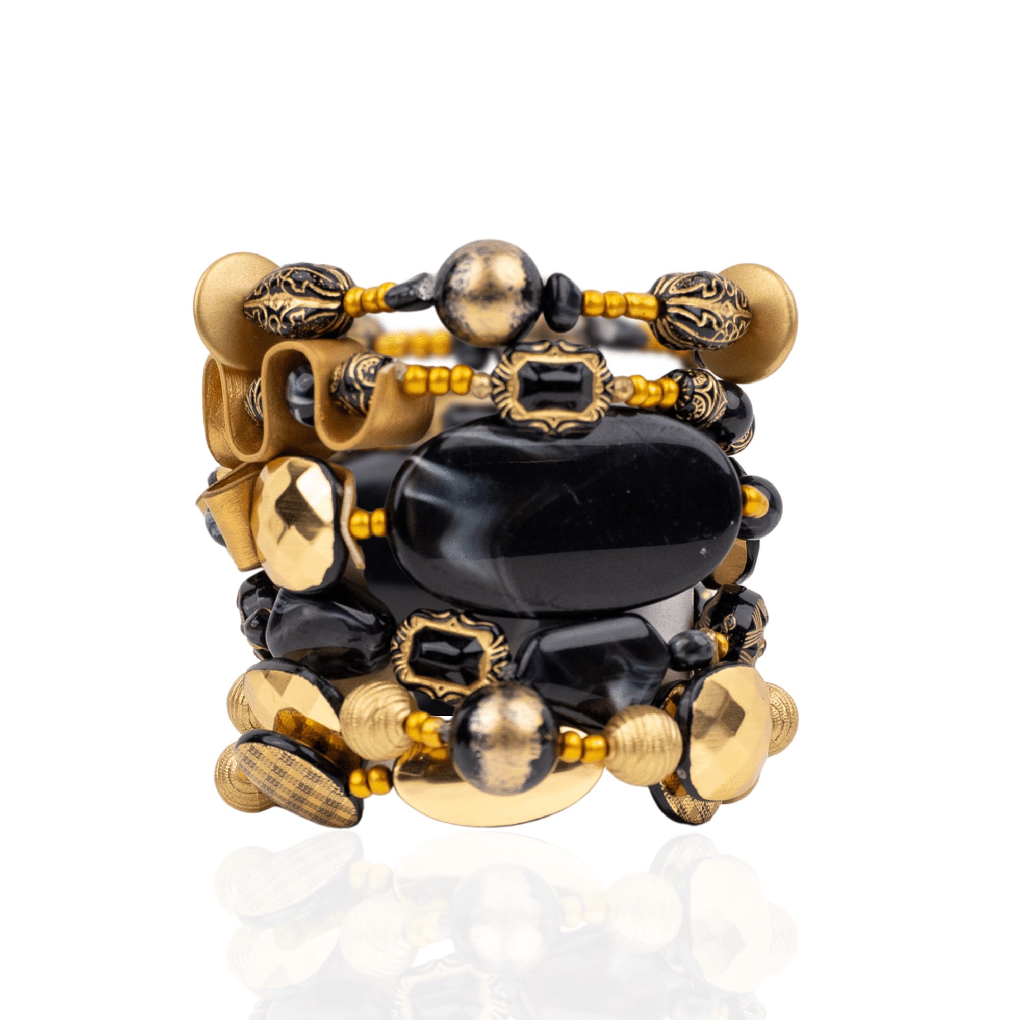 Caliope Beaded 6pc Leather Stretch Bracelet Stack - Golden Onyx,Bracelets, Sassy Jones,