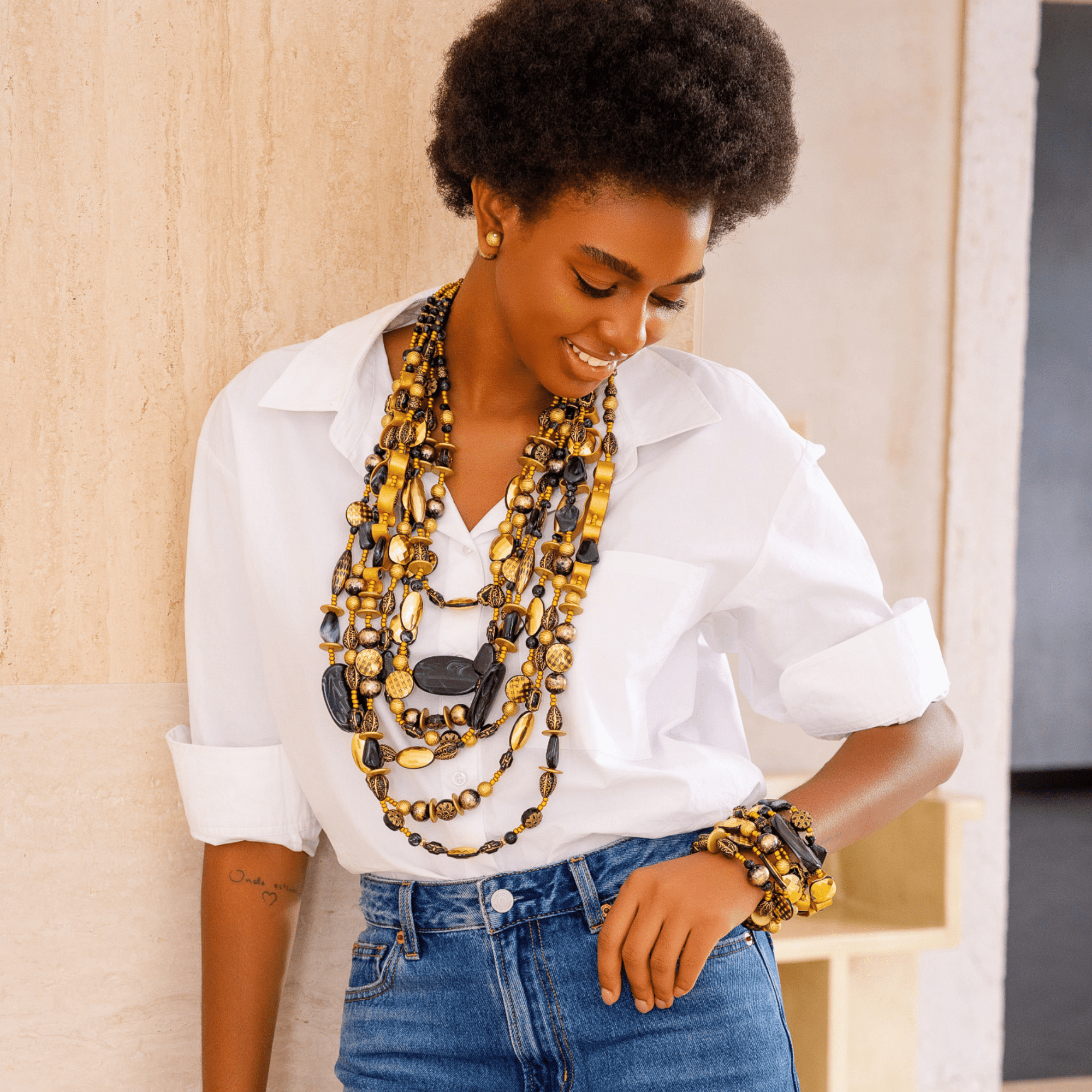 Caliope Beaded 6pc Leather Stretch Bracelet Stack - Golden Onyx,Bracelets, Sassy Jones,