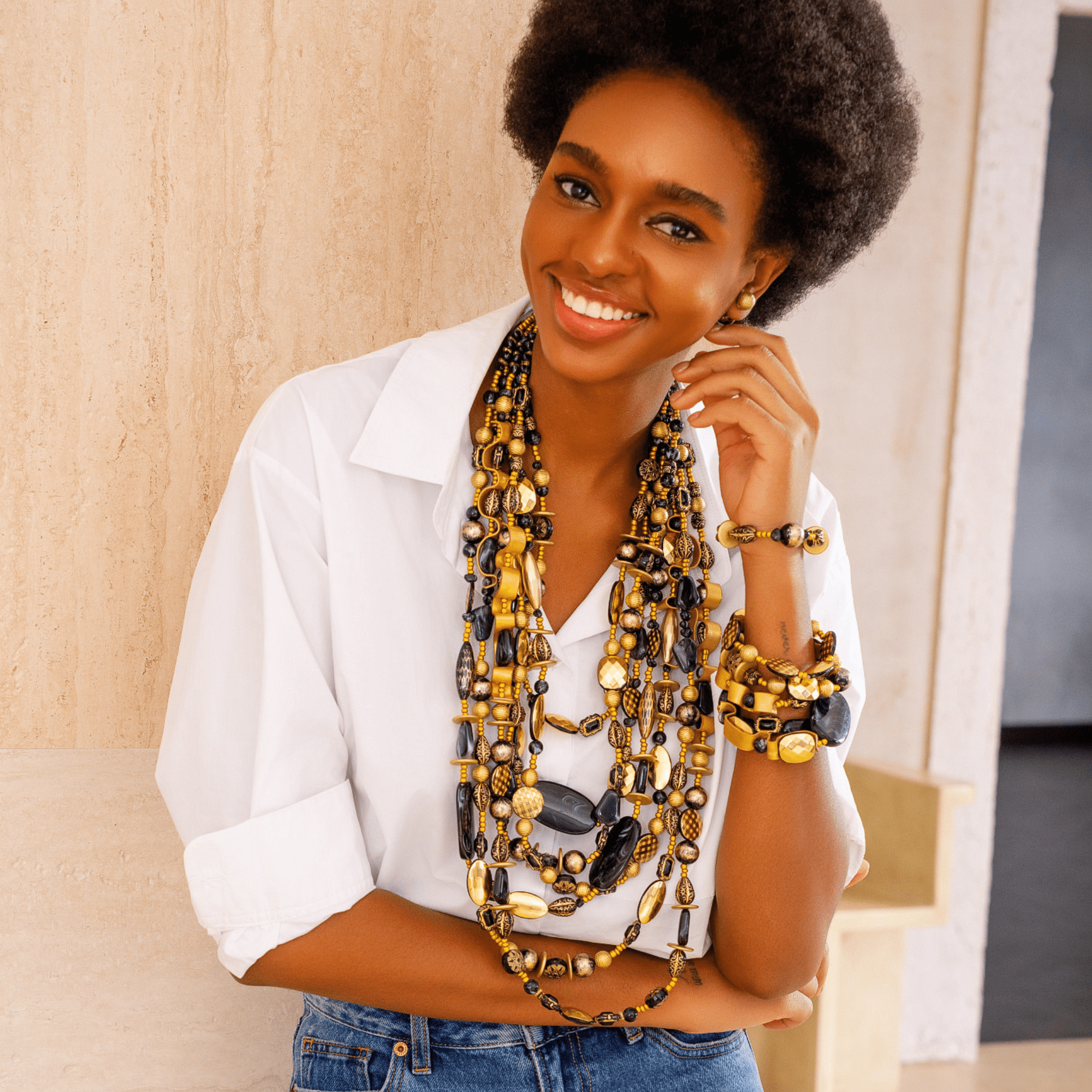 Caliope Beaded 6pc Leather Stretch Bracelet Stack - Golden Onyx,Bracelets, Sassy Jones,