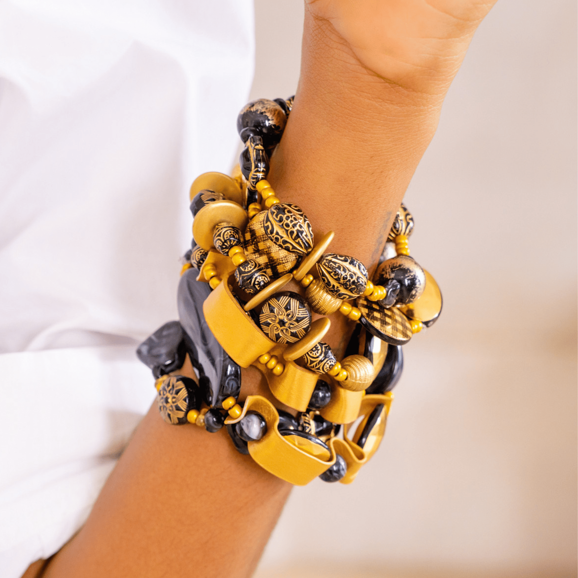 Caliope Beaded 6pc Leather Stretch Bracelet Stack - Golden Onyx,Bracelets, Sassy Jones,