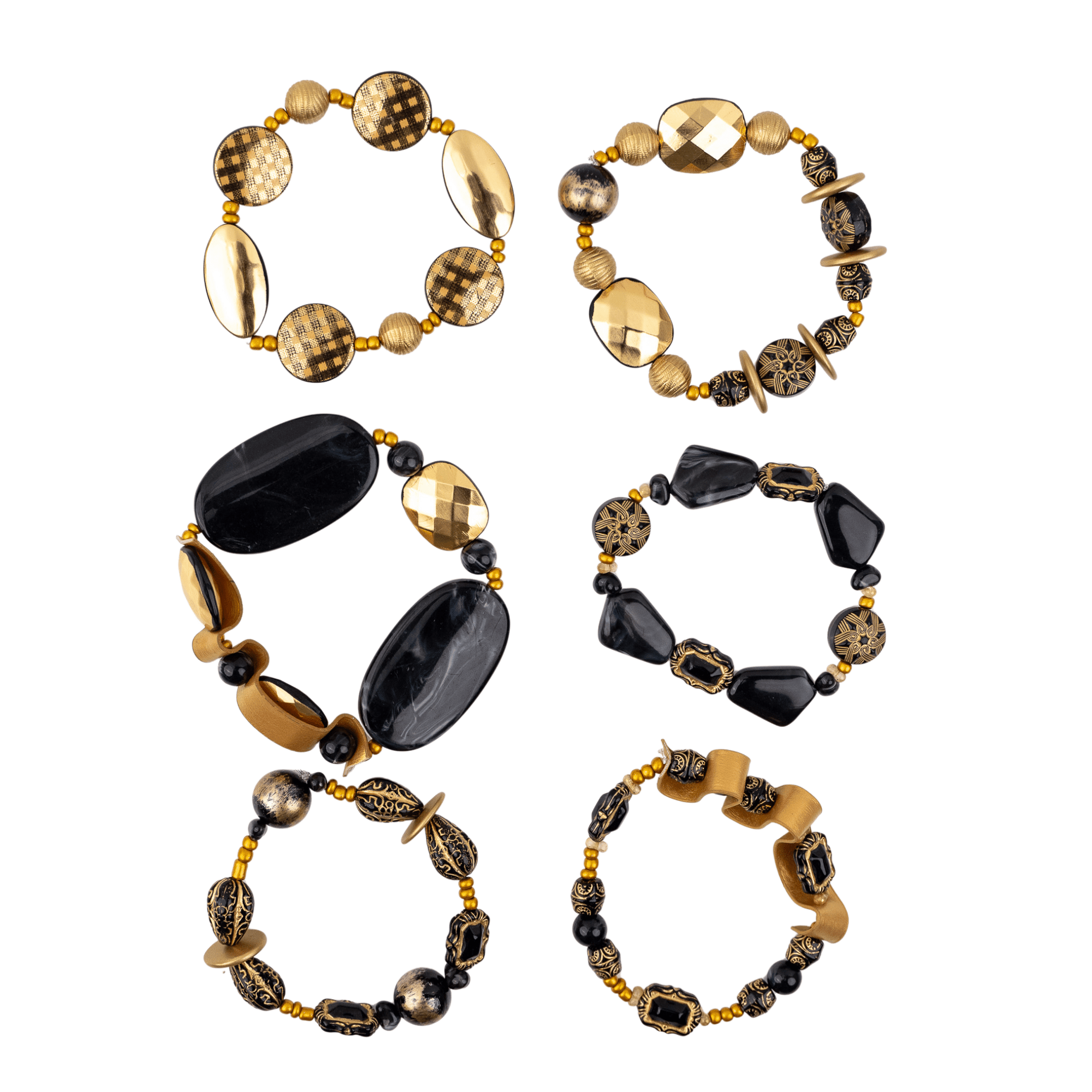 Caliope Beaded 6pc Leather Stretch Bracelet Stack - Golden Onyx,Bracelets, Sassy Jones,