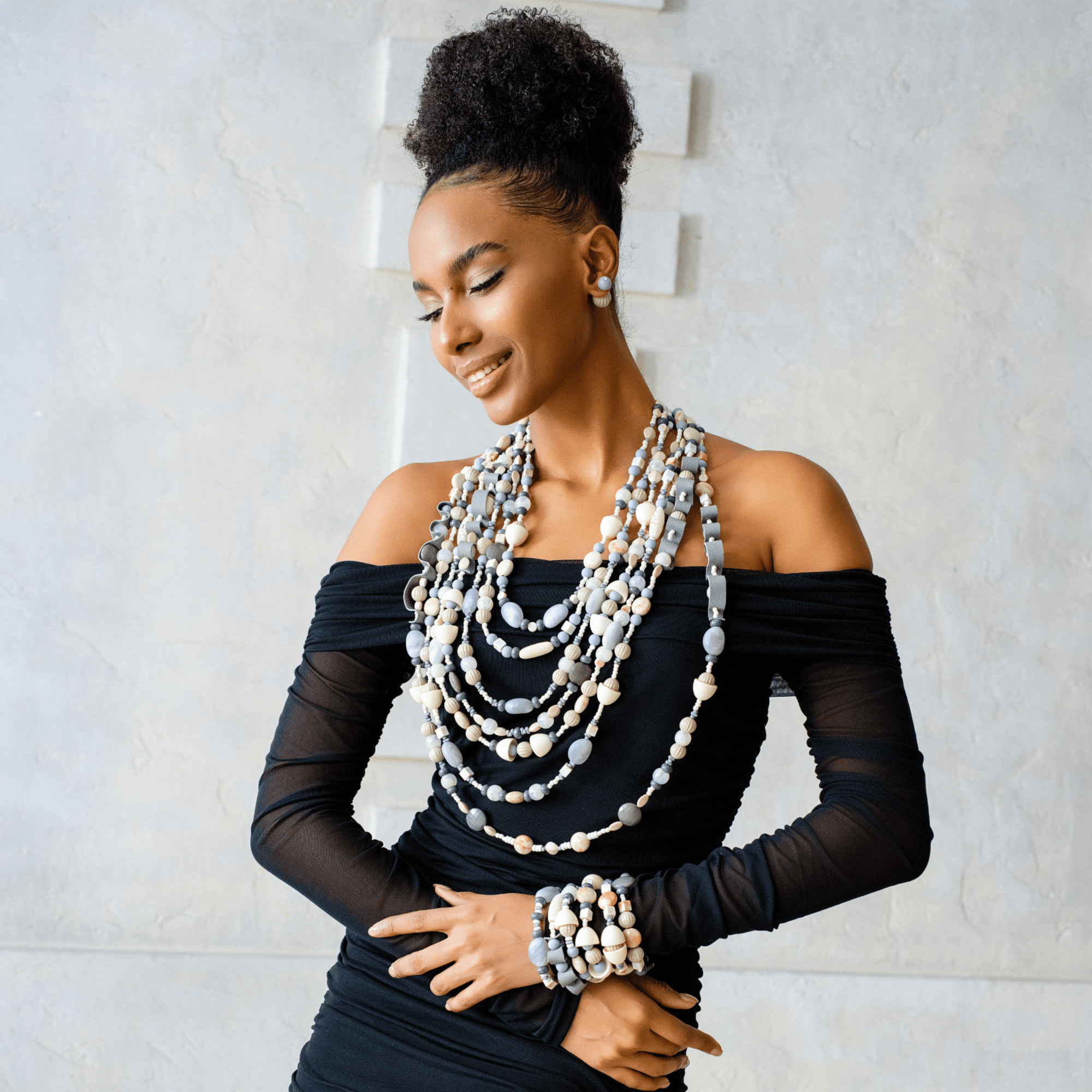 Caliope Beaded 6pc Leather Stretch Bracelet Stack - Modern Greige,Bracelets, Sassy Jones,