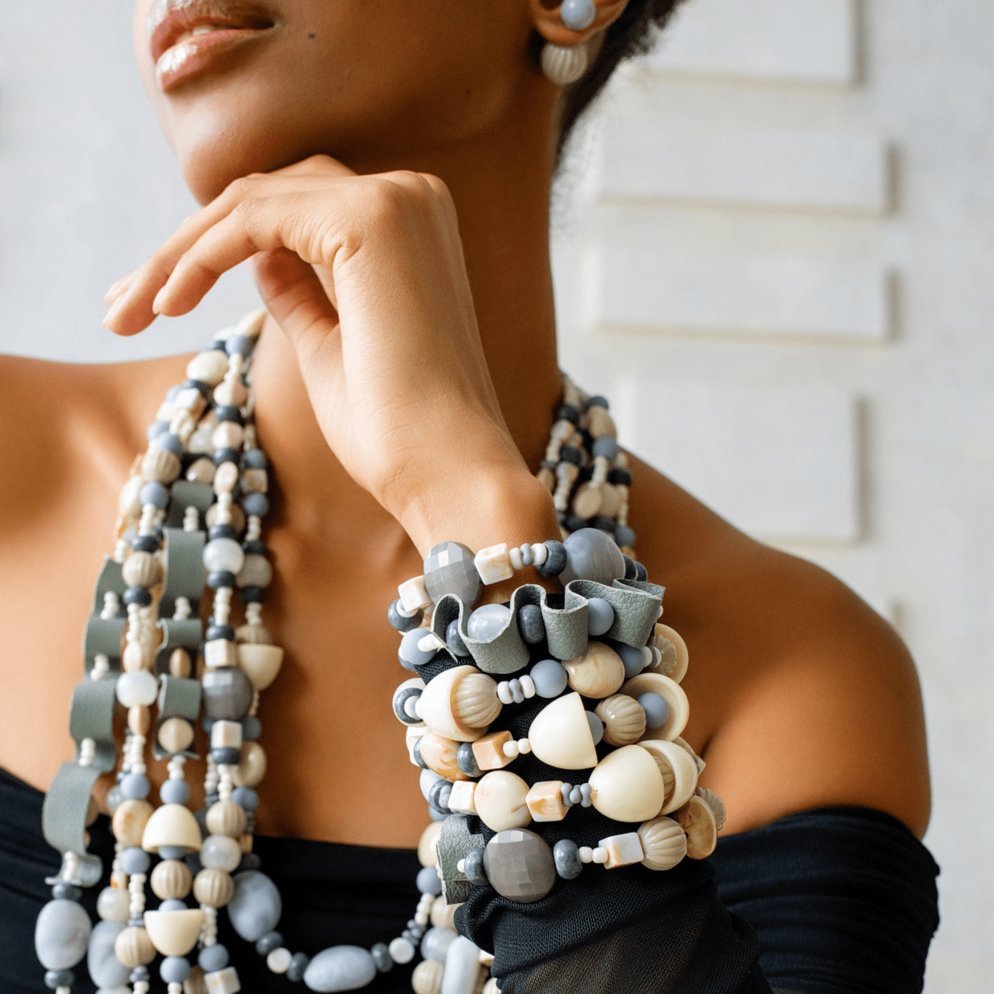 Caliope Beaded 6pc Leather Stretch Bracelet Stack - Modern Greige,Bracelets, Sassy Jones,