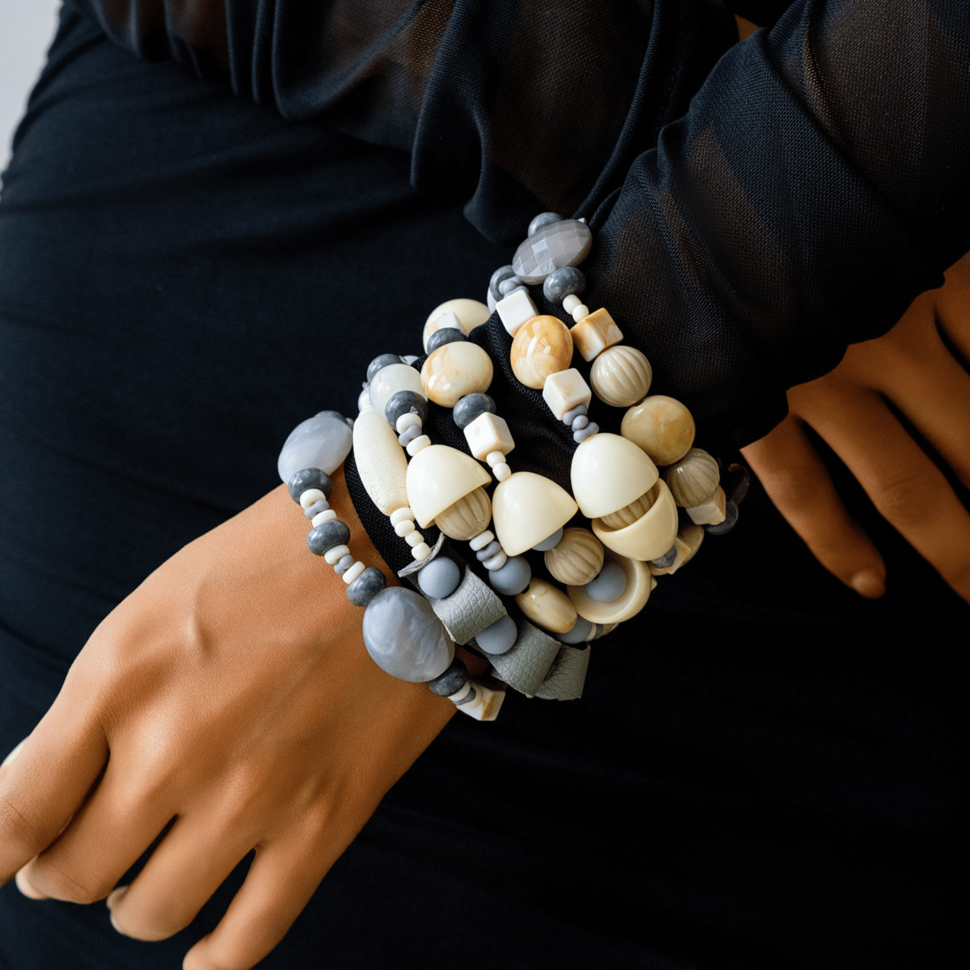 Caliope Beaded 6pc Leather Stretch Bracelet Stack - Modern Greige,Bracelets, Sassy Jones,