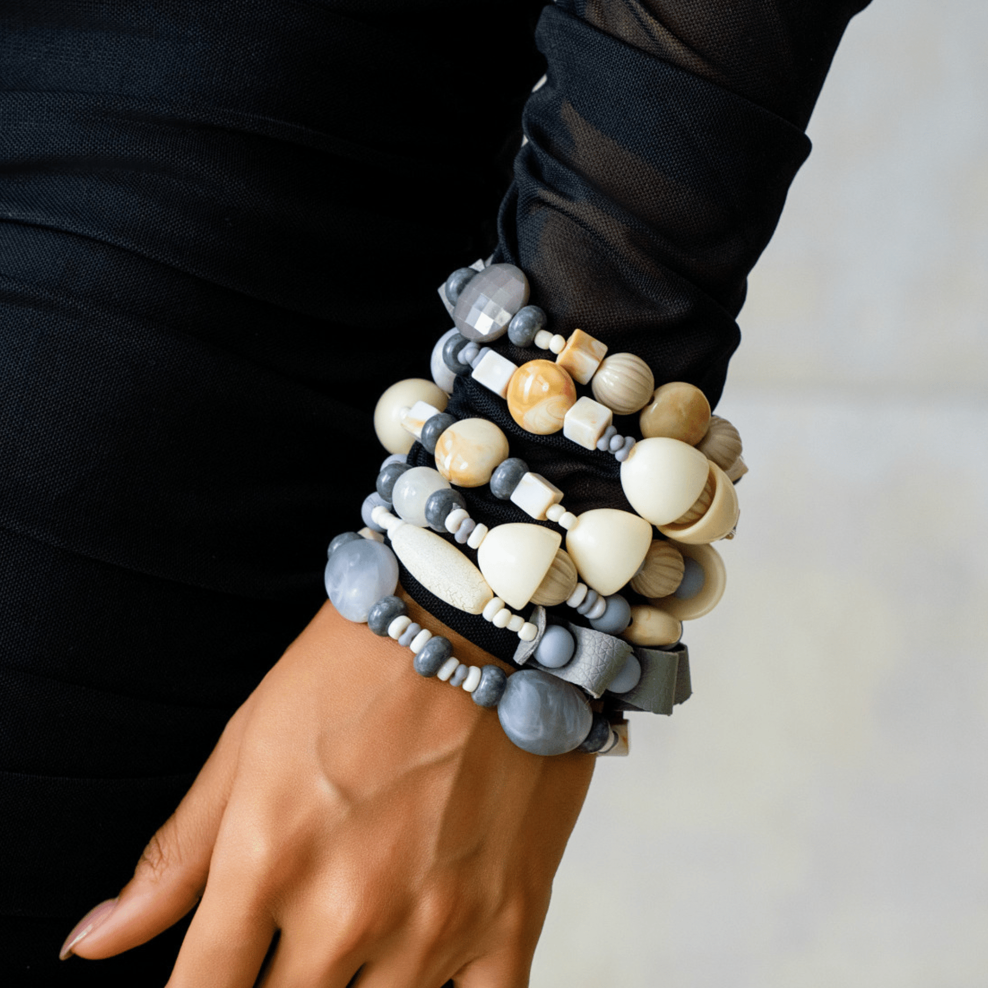 Caliope Beaded 6pc Leather Stretch Bracelet Stack - Modern Greige,Bracelets, Sassy Jones,