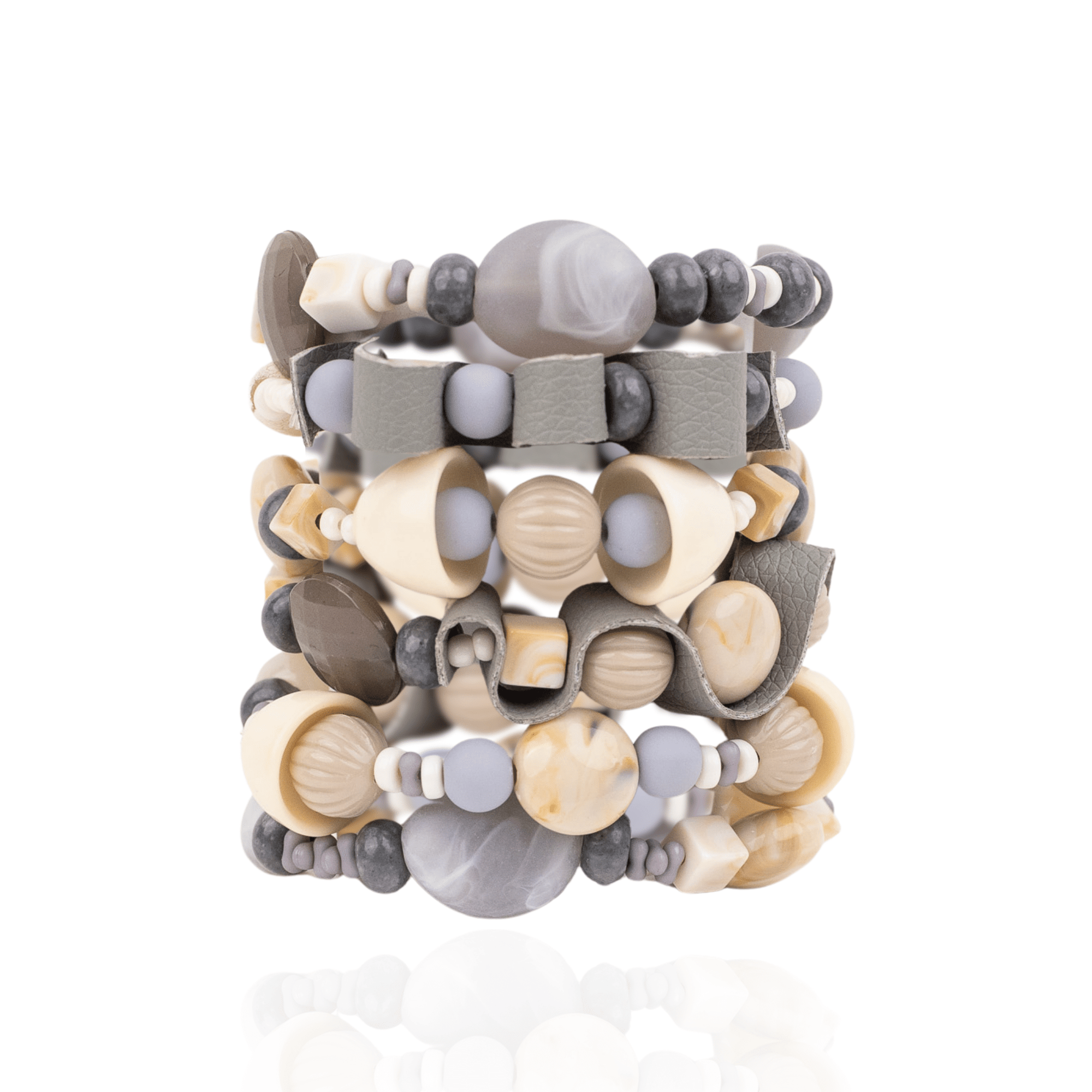 Caliope Beaded 6pc Leather Stretch Bracelet Stack - Modern Greige,Bracelets, Sassy Jones,