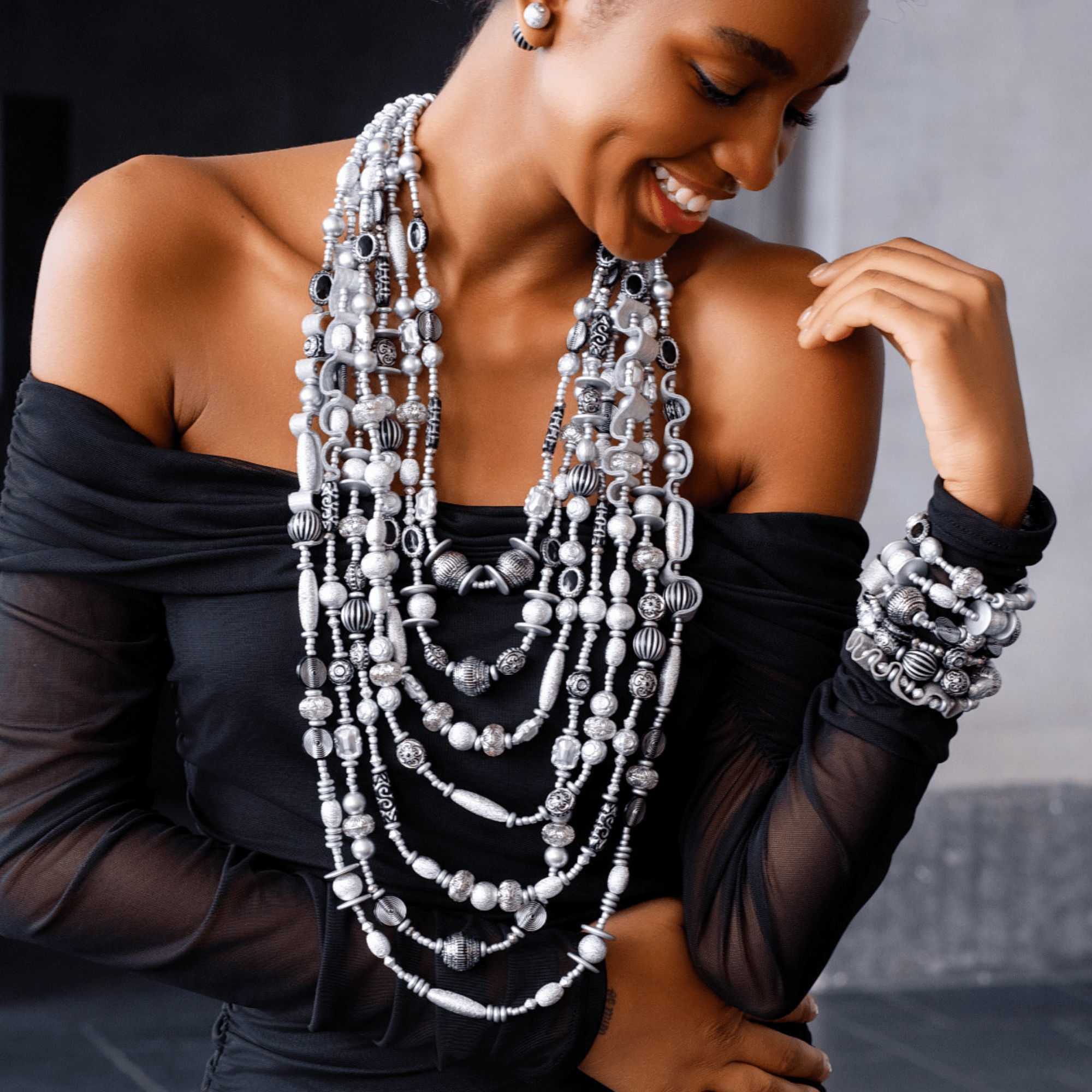 Caliope Beaded 6pc Leather Stretch Bracelet Stack - Silver Fox,Bracelets, Sassy Jones,