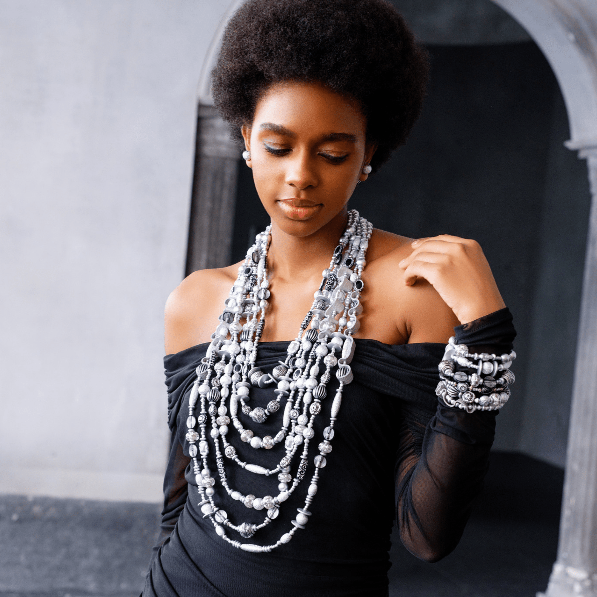 Caliope Beaded 6pc Leather Stretch Bracelet Stack - Silver Fox,Bracelets, Sassy Jones,