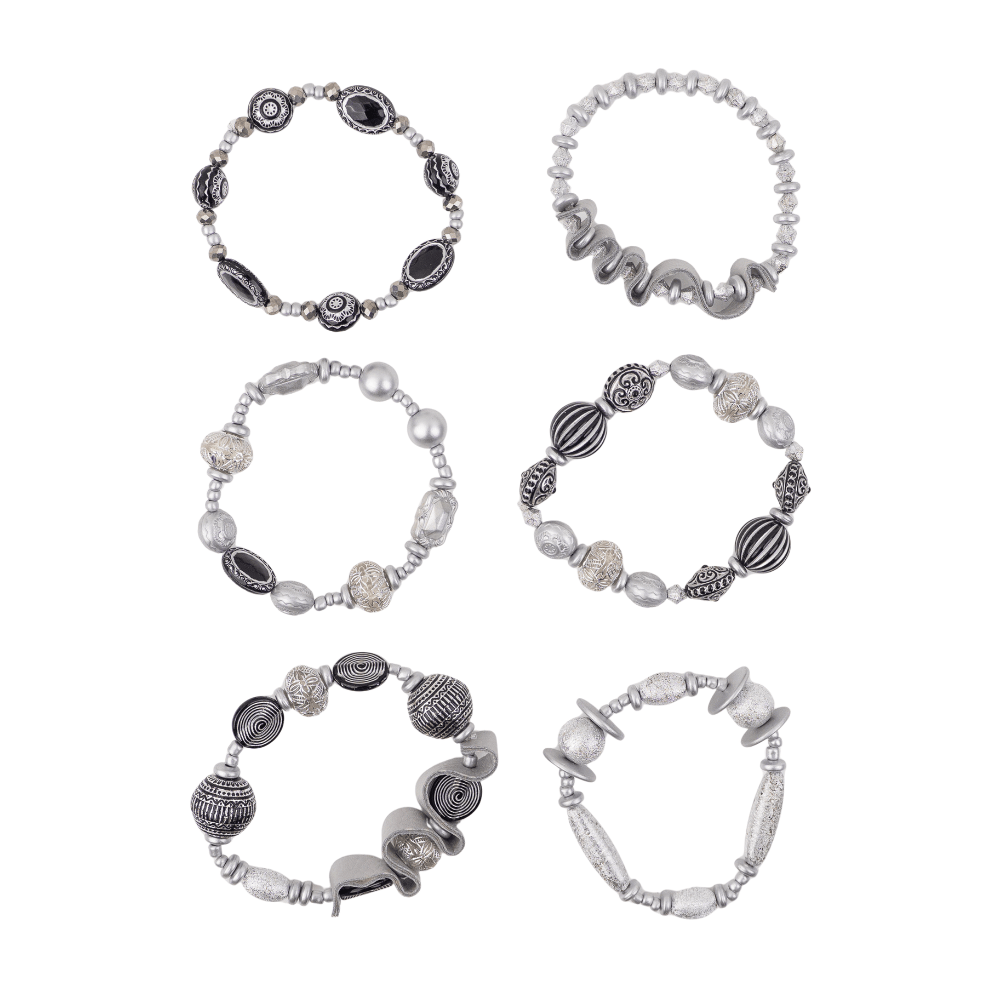 Caliope Beaded 6pc Leather Stretch Bracelet Stack - Silver Fox,Bracelets, Sassy Jones,