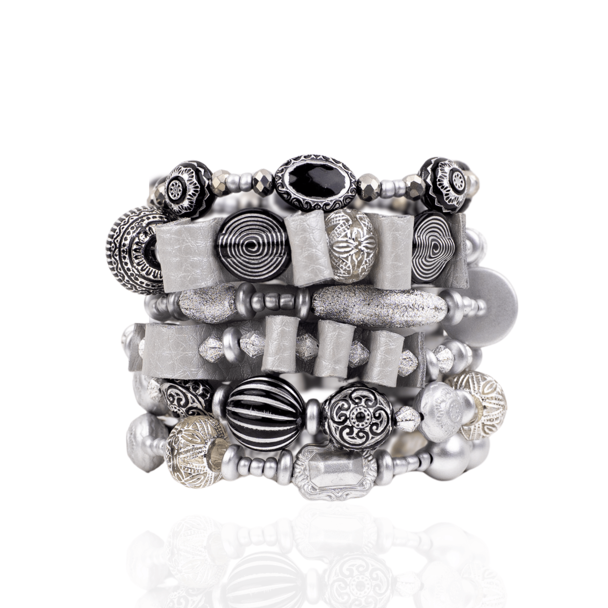 Caliope Beaded 6pc Leather Stretch Bracelet Stack - Silver Fox,Bracelets, Sassy Jones,