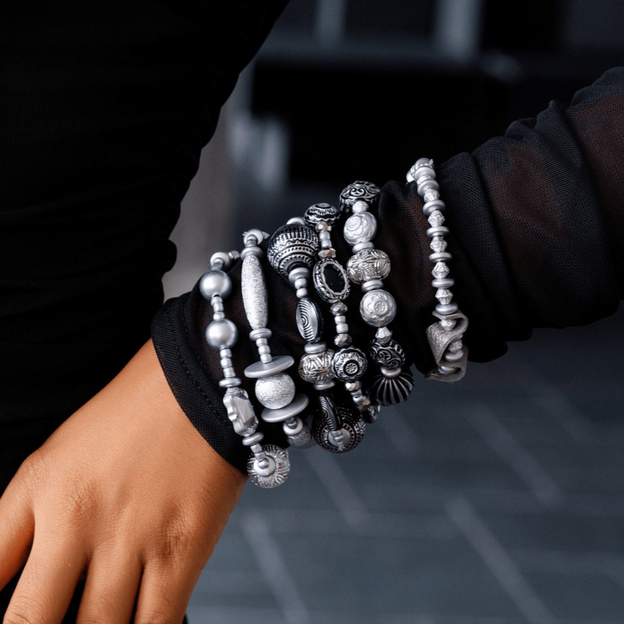 Caliope Beaded 6pc Leather Stretch Bracelet Stack - Silver Fox,Bracelets, Sassy Jones,