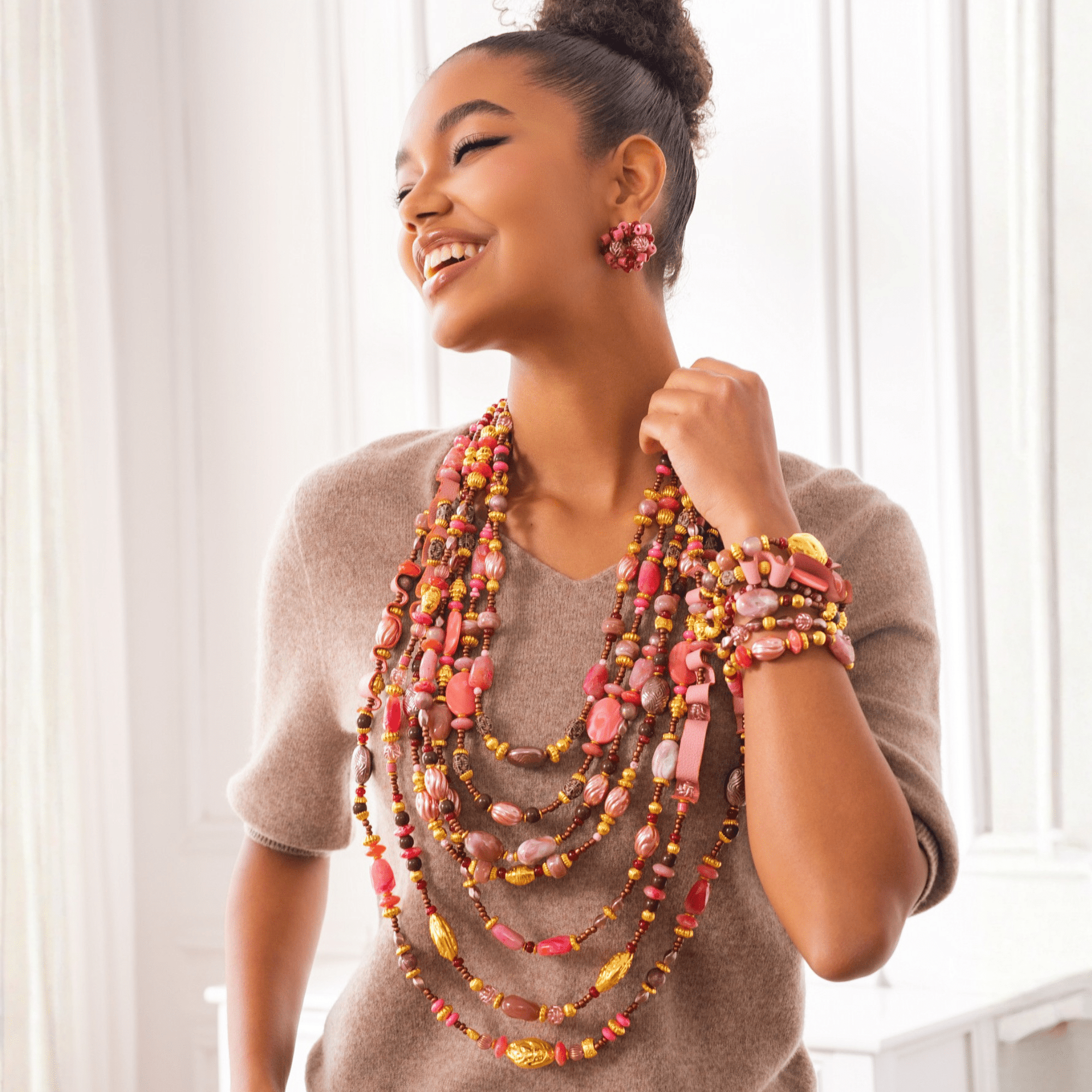 Caliope Beaded Cluster Earrings - Strawberry Truffle,Earrings, Sassy Jones,