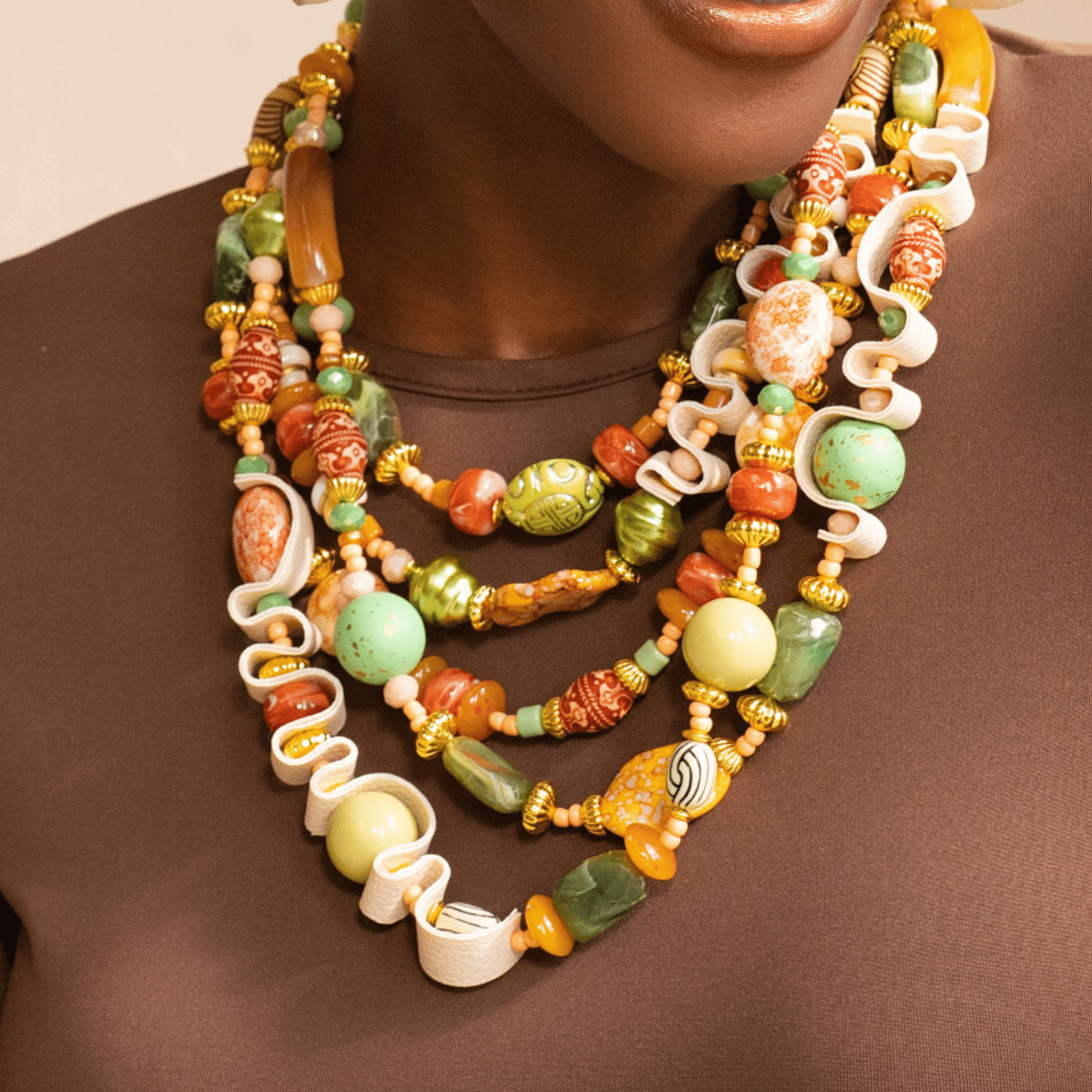 Caliope Beaded Leather Collar Chain - Sienna Sage,Necklaces, Sassy Jones,