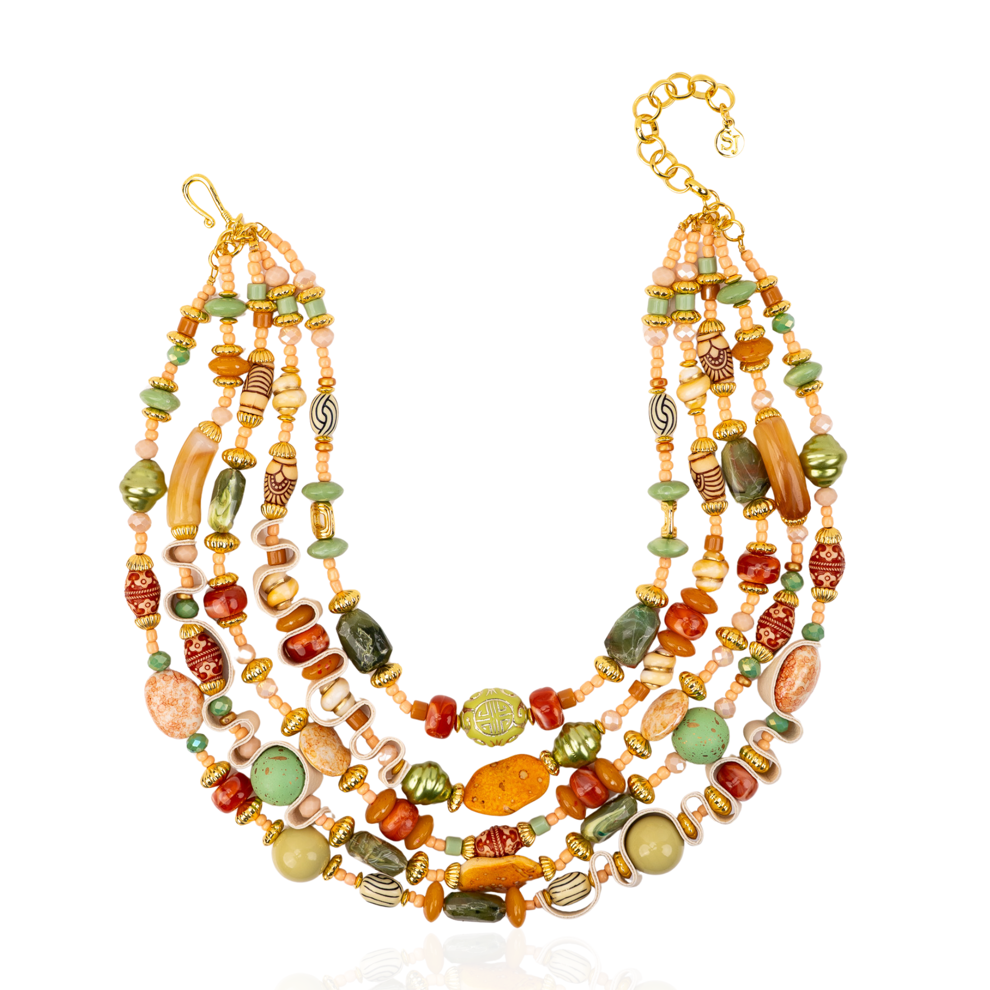 Caliope Beaded Leather Collar Chain - Sienna Sage,Necklaces, Sassy Jones,