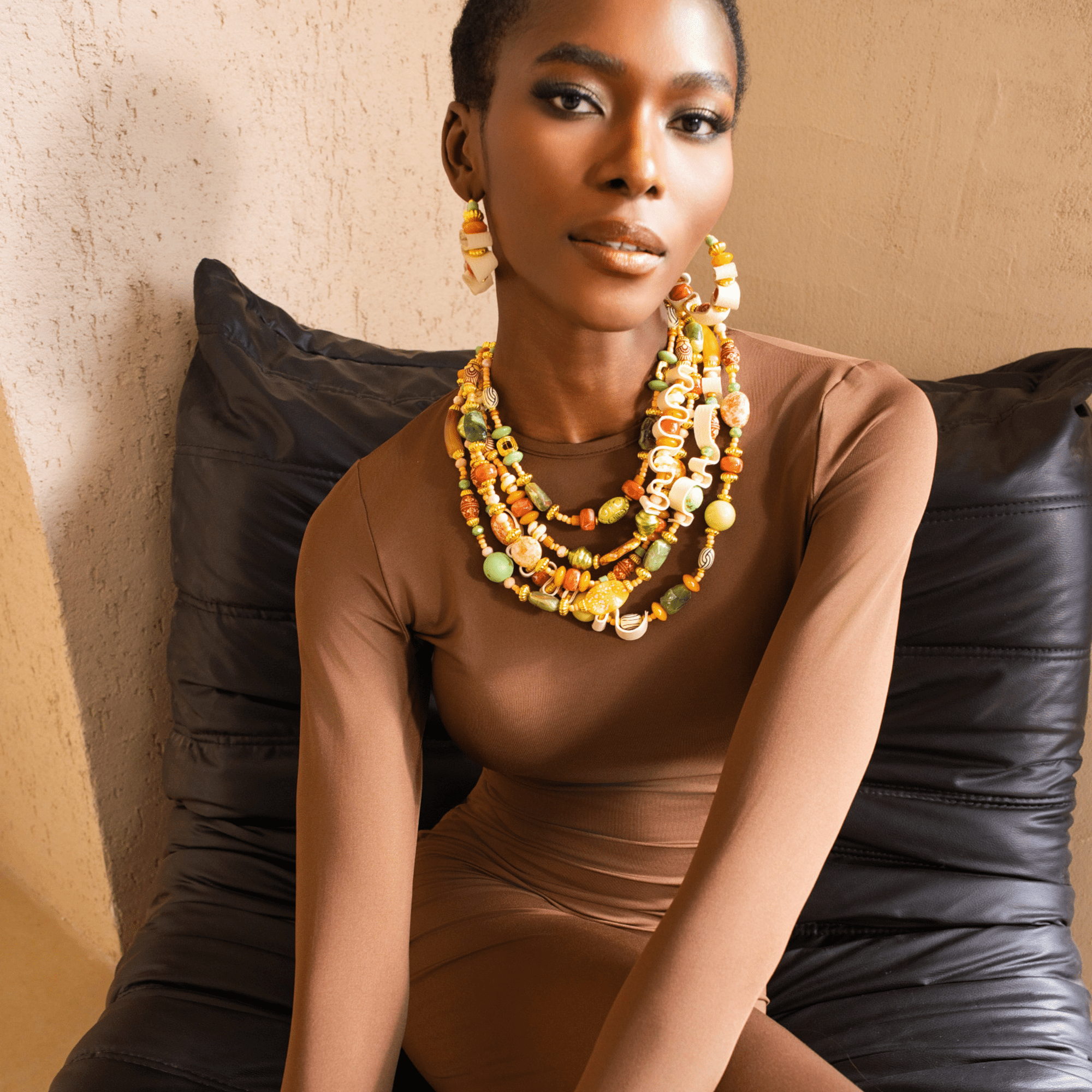 Caliope Beaded Leather Collar Chain - Sienna Sage,Necklaces, Sassy Jones,