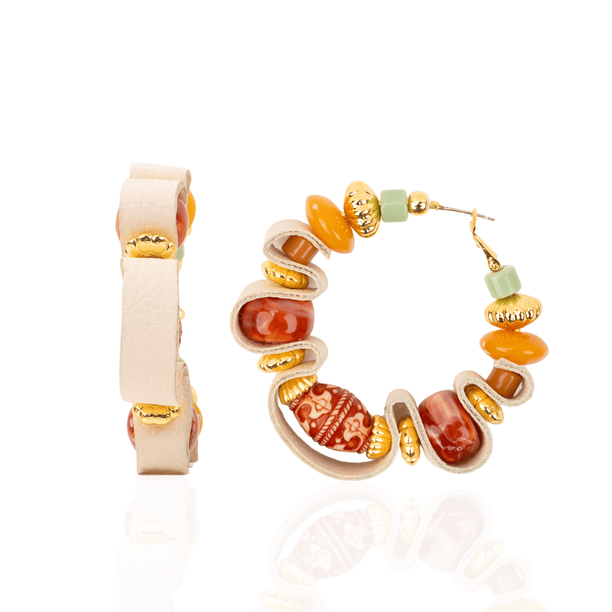 Caliope Beaded Leather Hoops - Sienna Sage,Earrings, Sassy Jones,