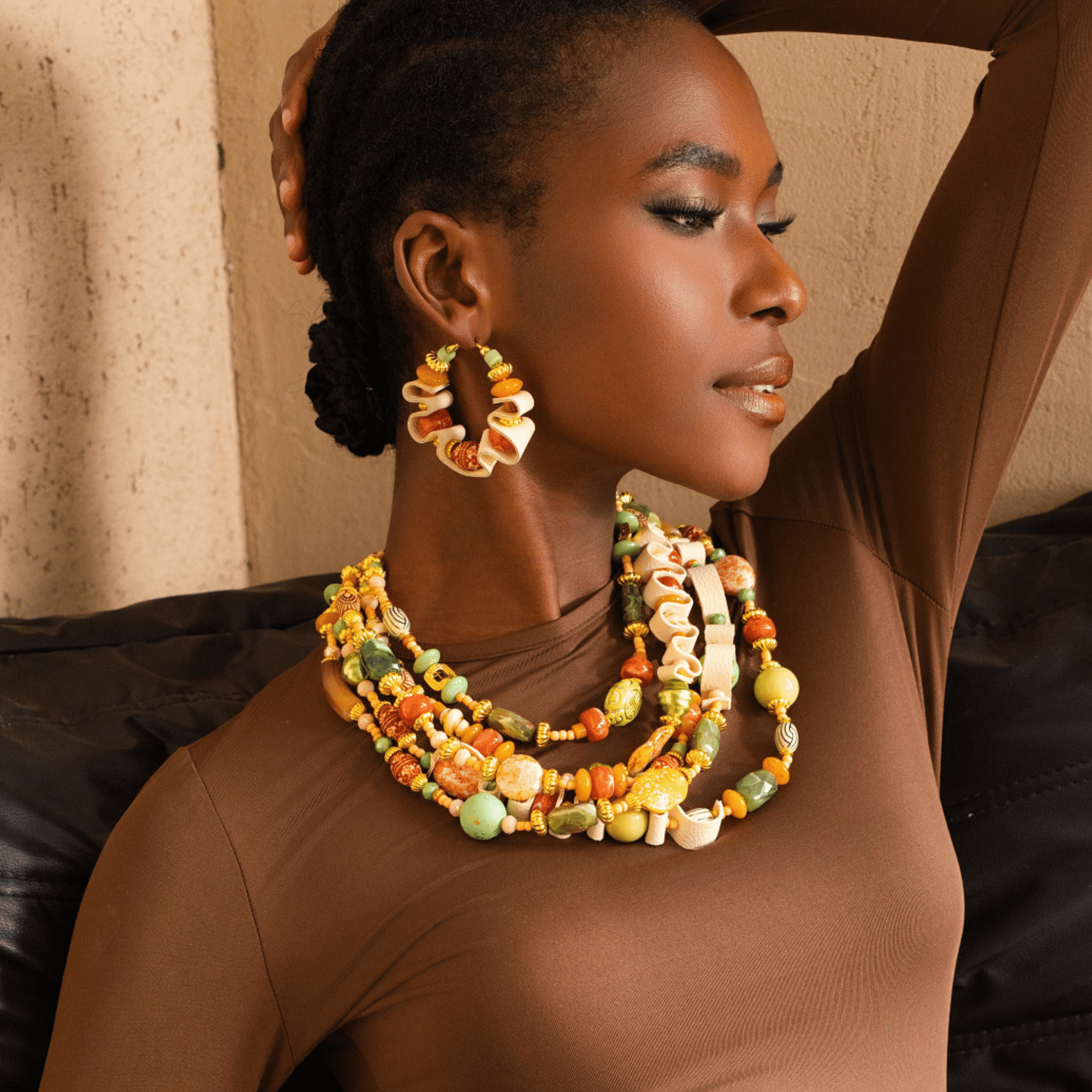 Caliope Beaded Leather Hoops - Sienna Sage,Earrings, Sassy Jones,