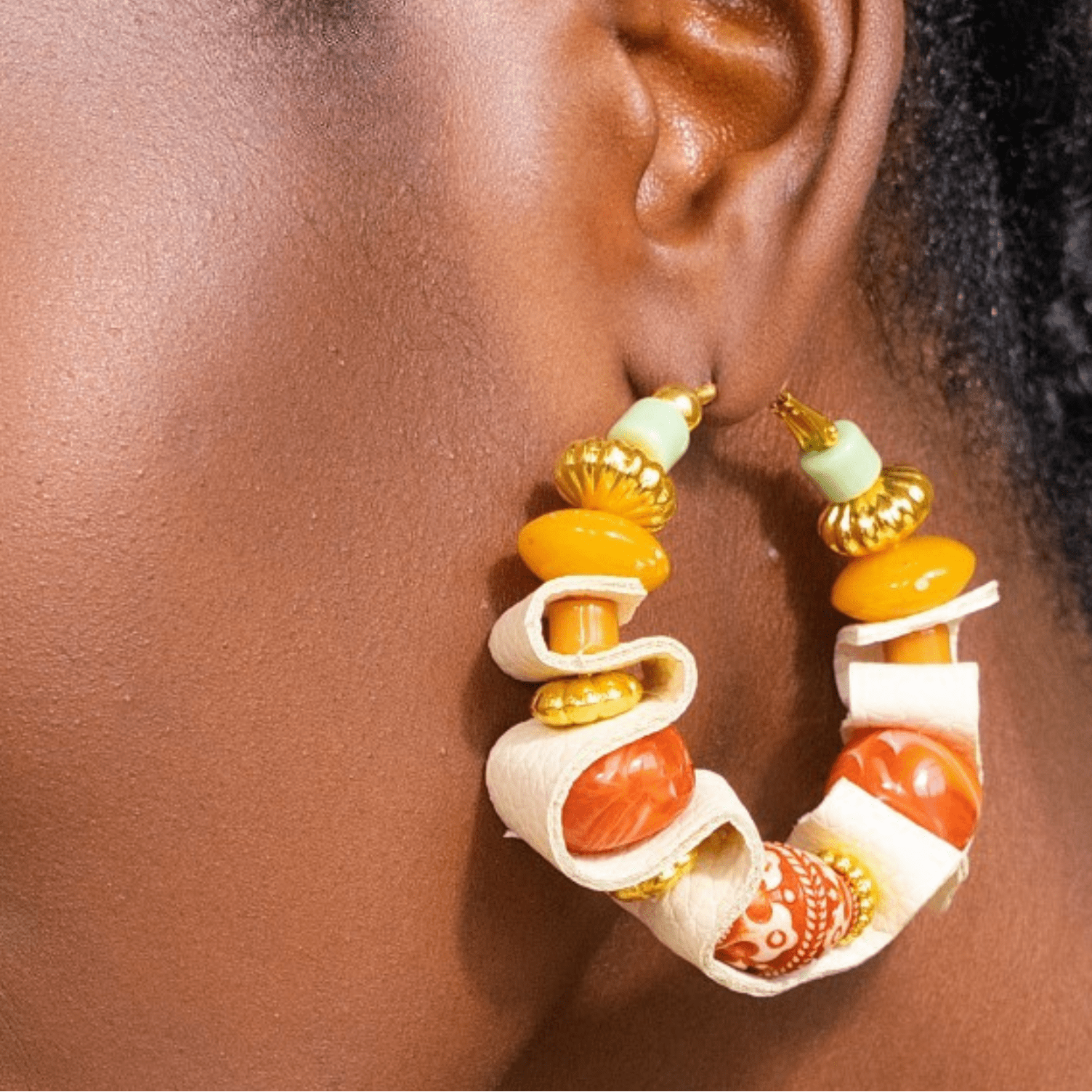 Caliope Beaded Leather Hoops - Sienna Sage,Earrings, Sassy Jones,