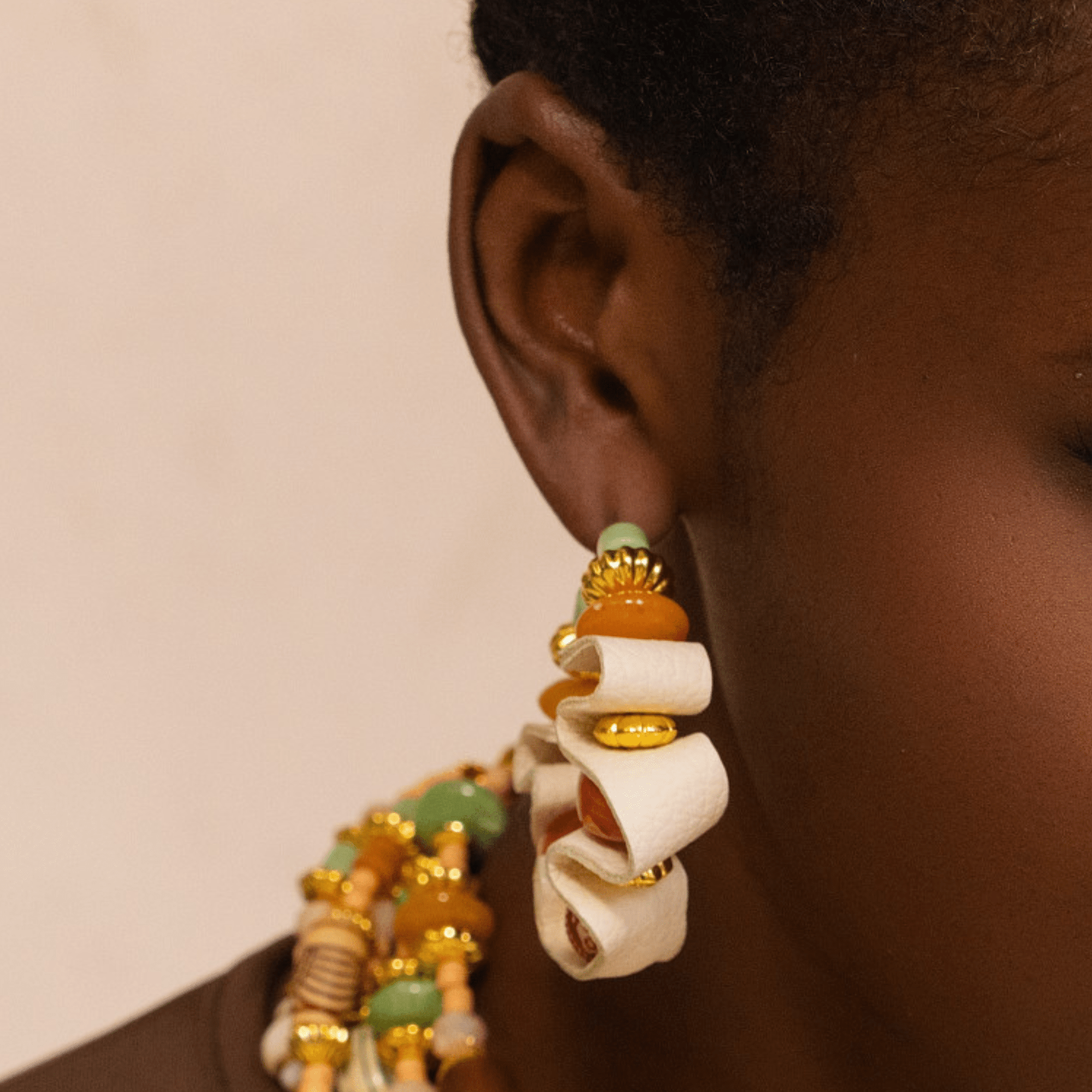 Caliope Beaded Leather Hoops - Sienna Sage,Earrings, Sassy Jones,