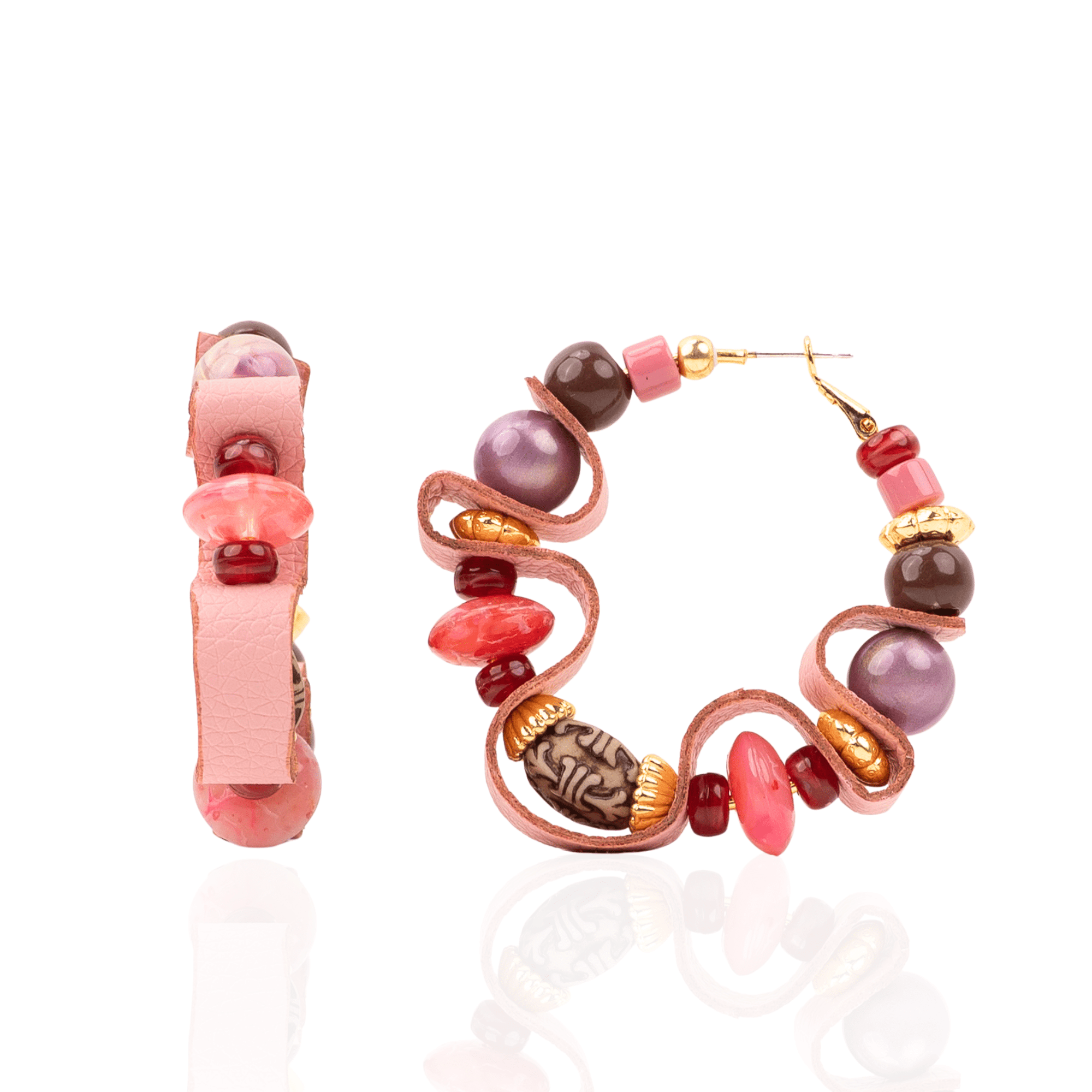 Caliope Beaded Leather Hoops - Strawberry Truffle,Earrings, Sassy Jones,