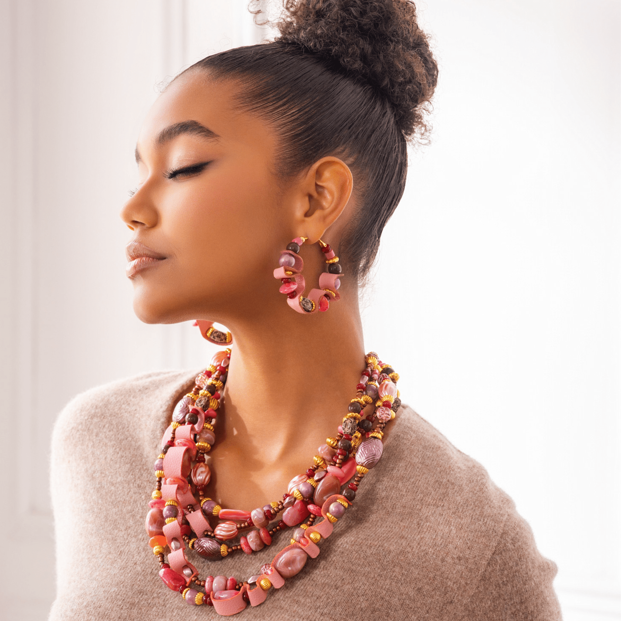 Caliope Beaded Leather Hoops - Strawberry Truffle,Earrings, Sassy Jones,