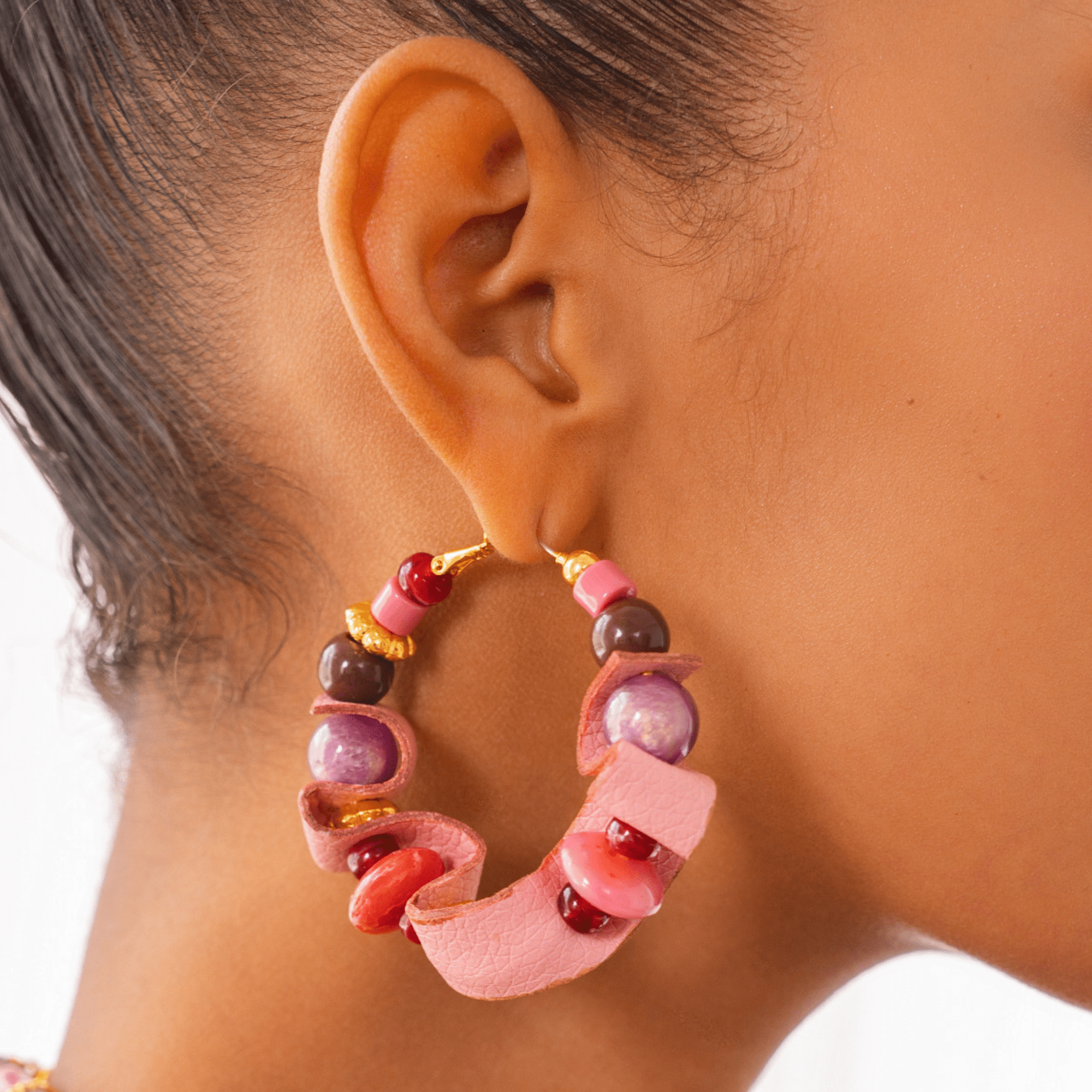 Caliope Beaded Leather Hoops - Strawberry Truffle,Earrings, Sassy Jones,