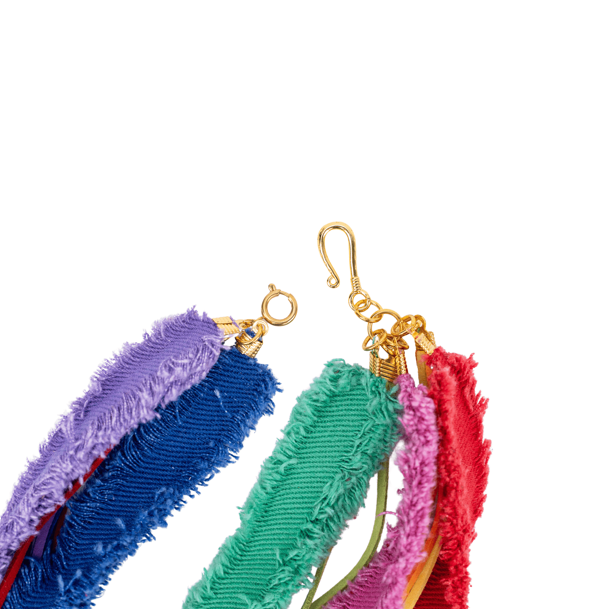 Caliope 2-in-1 Statement Necklace Denim Rainbow, rainbow statement necklace, colorful fabric necklace, layered rainbow necklace, bold festival jewelry, detachable rainbow necklace, bright summer necklace, vibrant multi-color necklace, playful statement jewelry, handcrafted rainbow necklace