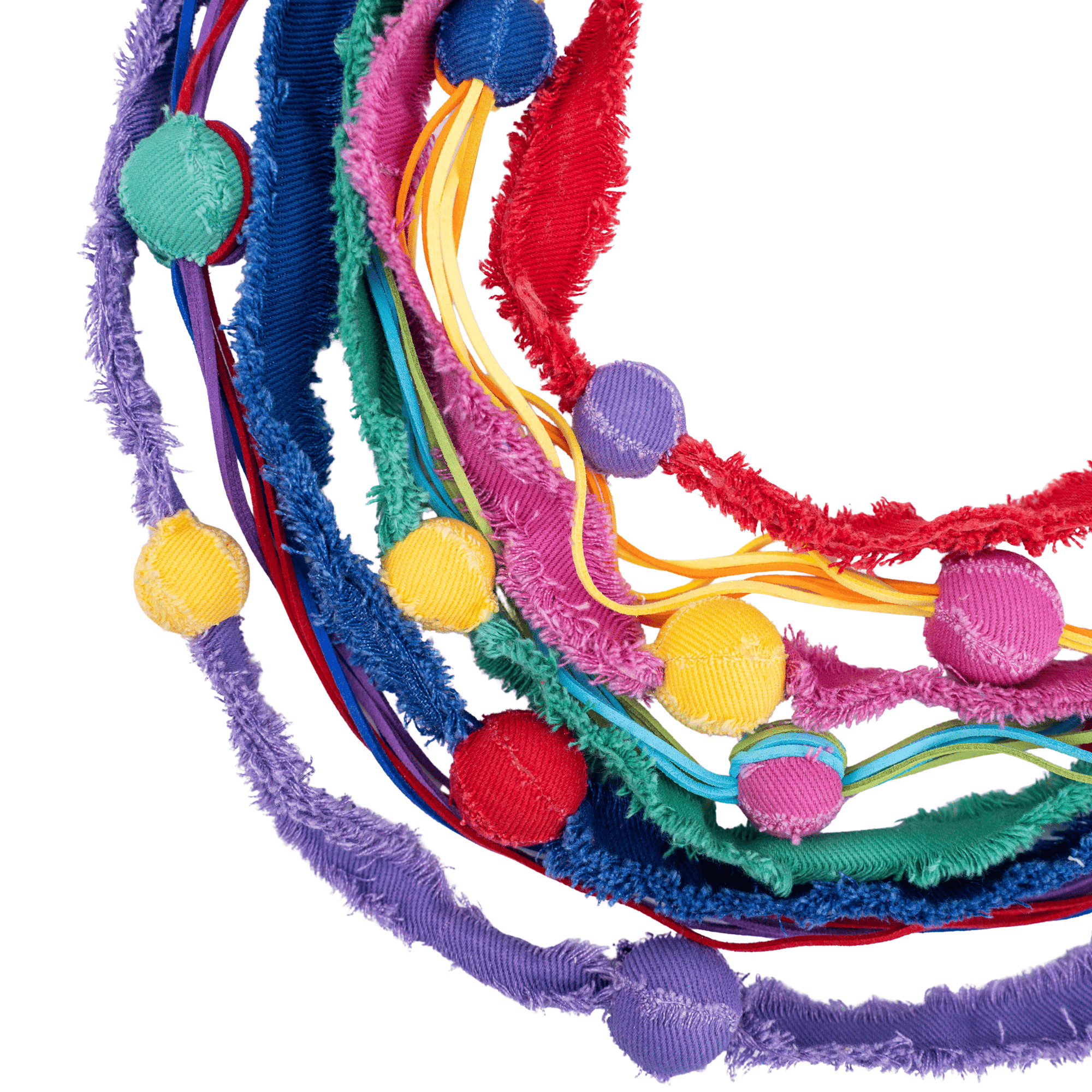 Caliope 2-in-1 Statement Necklace Denim Rainbow, rainbow statement necklace, colorful fabric necklace, layered rainbow necklace, bold festival jewelry, detachable rainbow necklace, bright summer necklace, vibrant multi-color necklace, playful statement jewelry, handcrafted rainbow necklace