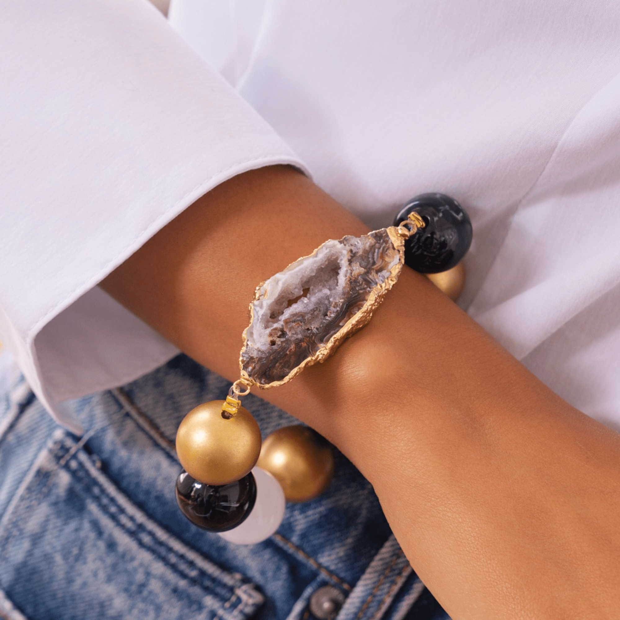 Chrysallis Agate Chunky Stretch Bracelet - Black/Gold,Bracelets, Sassy Jones,