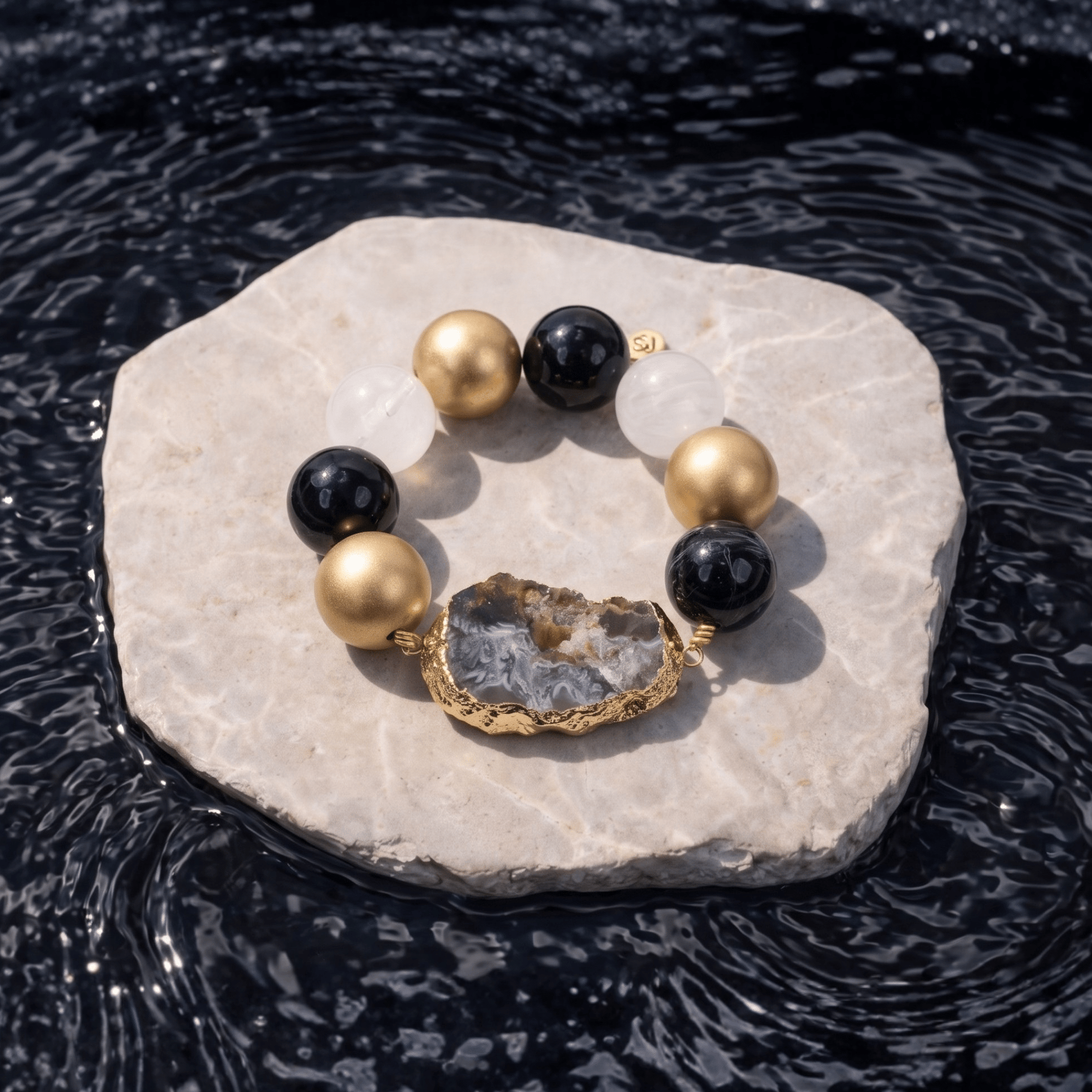 Chrysallis Agate Chunky Stretch Bracelet - Black/Gold (Sold Out/Reserve Today/Ships August),Bracelets, Sassy Jones,
