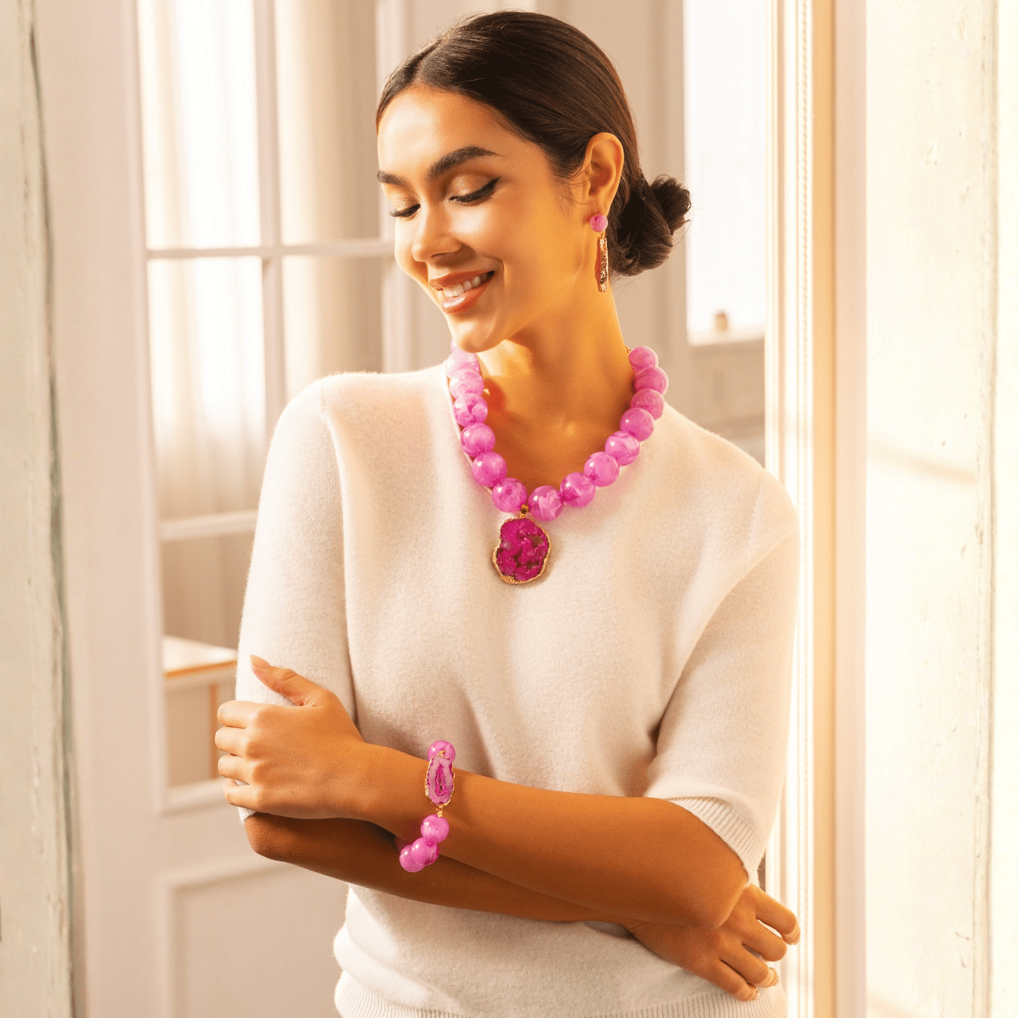 Chrysallis Agate Chunky Stretch Bracelet - Power Pink,Bracelets, Sassy Jones,